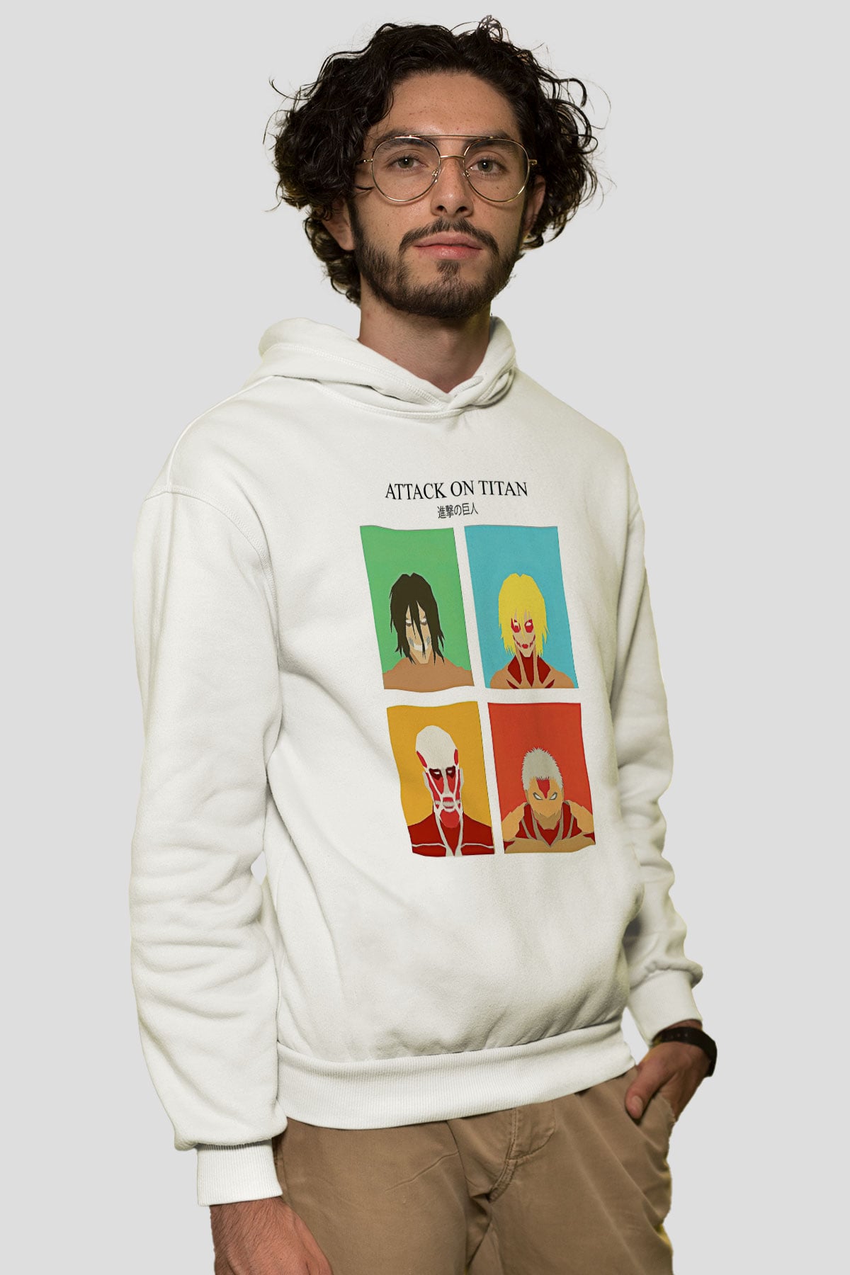 Attack On Titan Baskılı Beyaz Unisex Hoodie