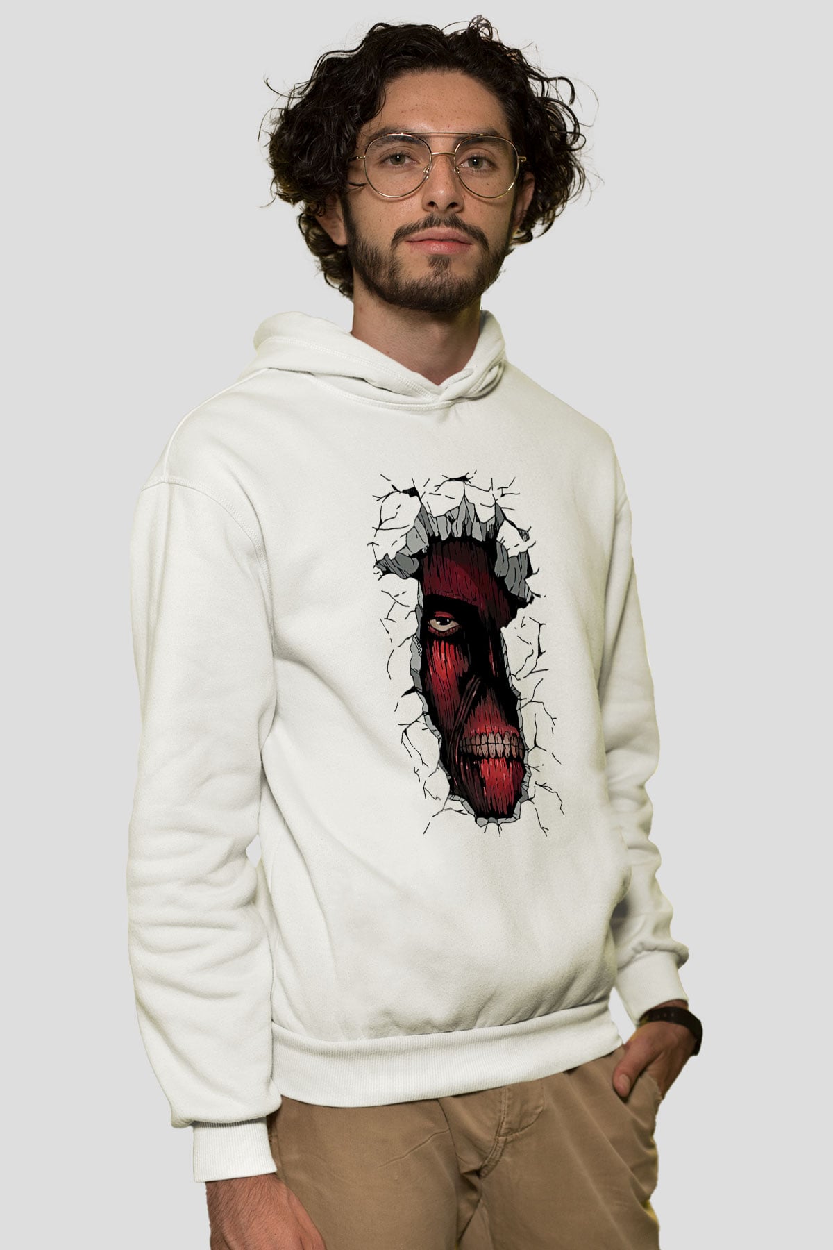 Attack On Titan Baskılı Beyaz Unisex Hoodie