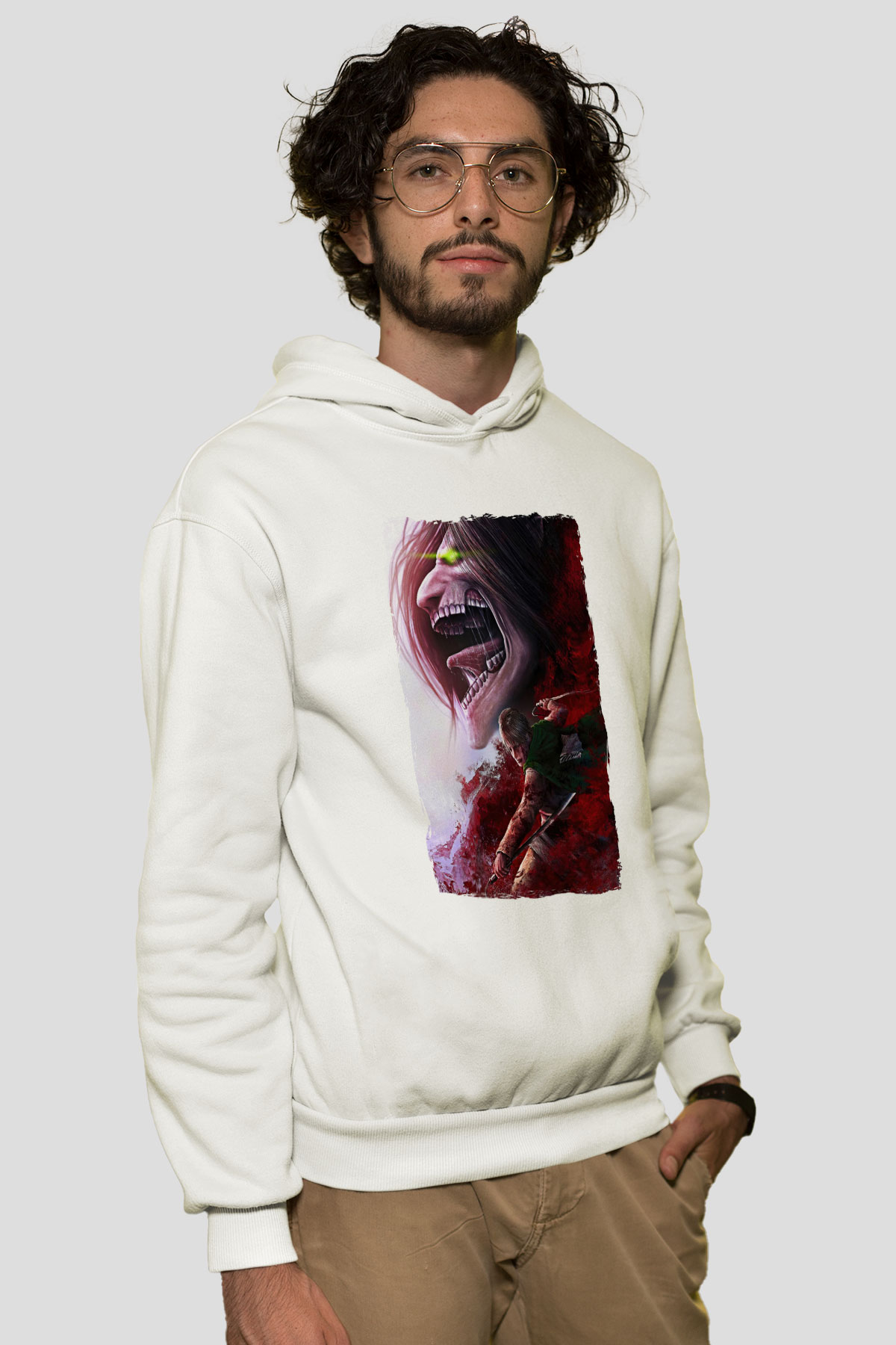 Attack On Titan Baskılı Beyaz Unisex Hoodie