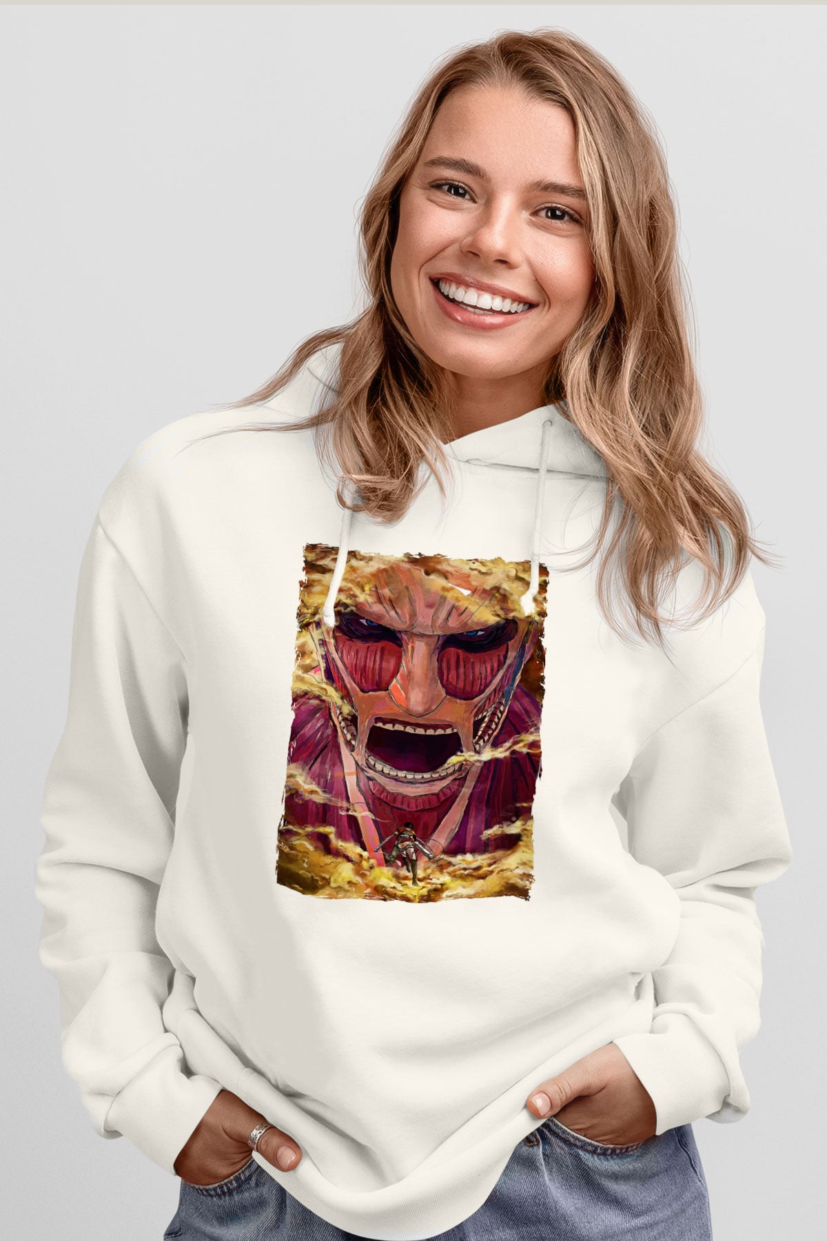 Attack On Titan Baskılı Beyaz Unisex Hoodie