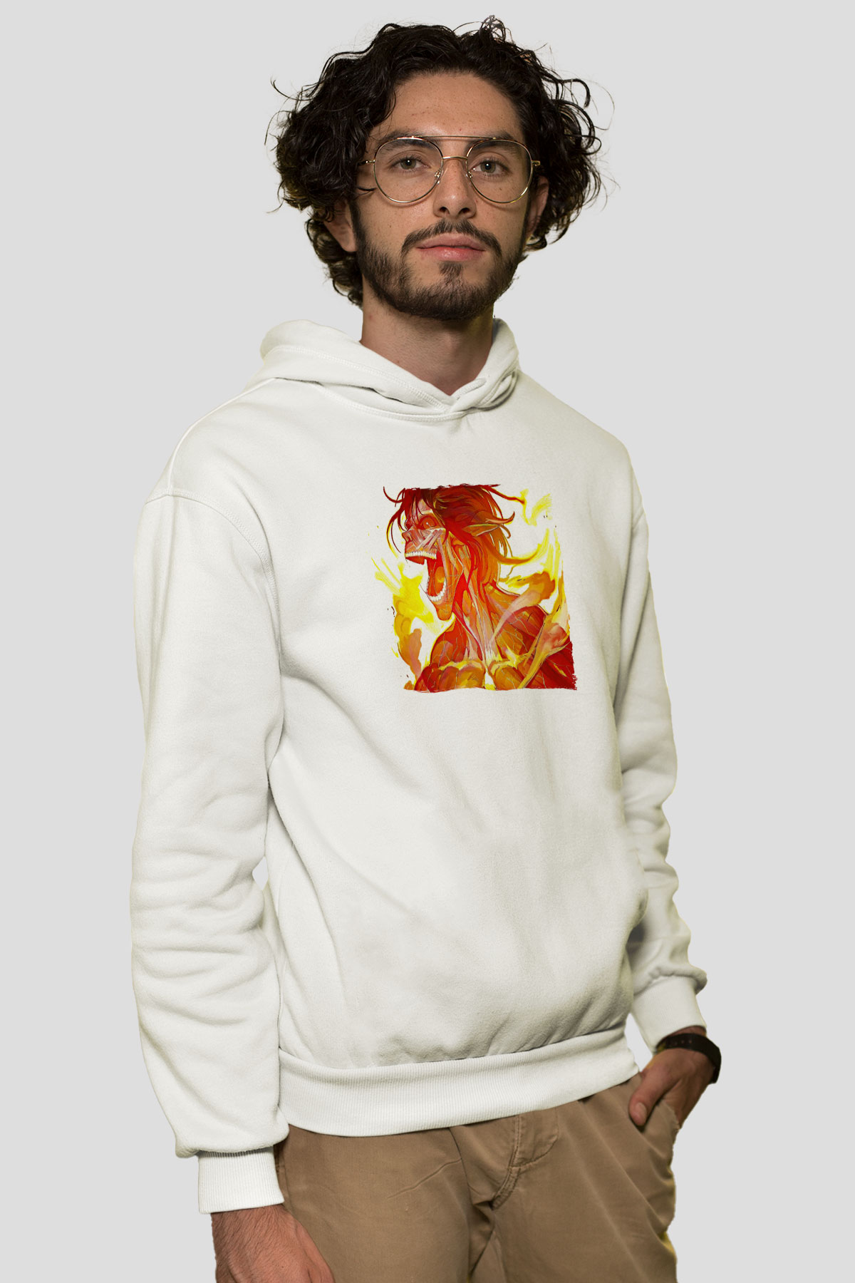 Attack On Titan Baskılı Beyaz Unisex Hoodie