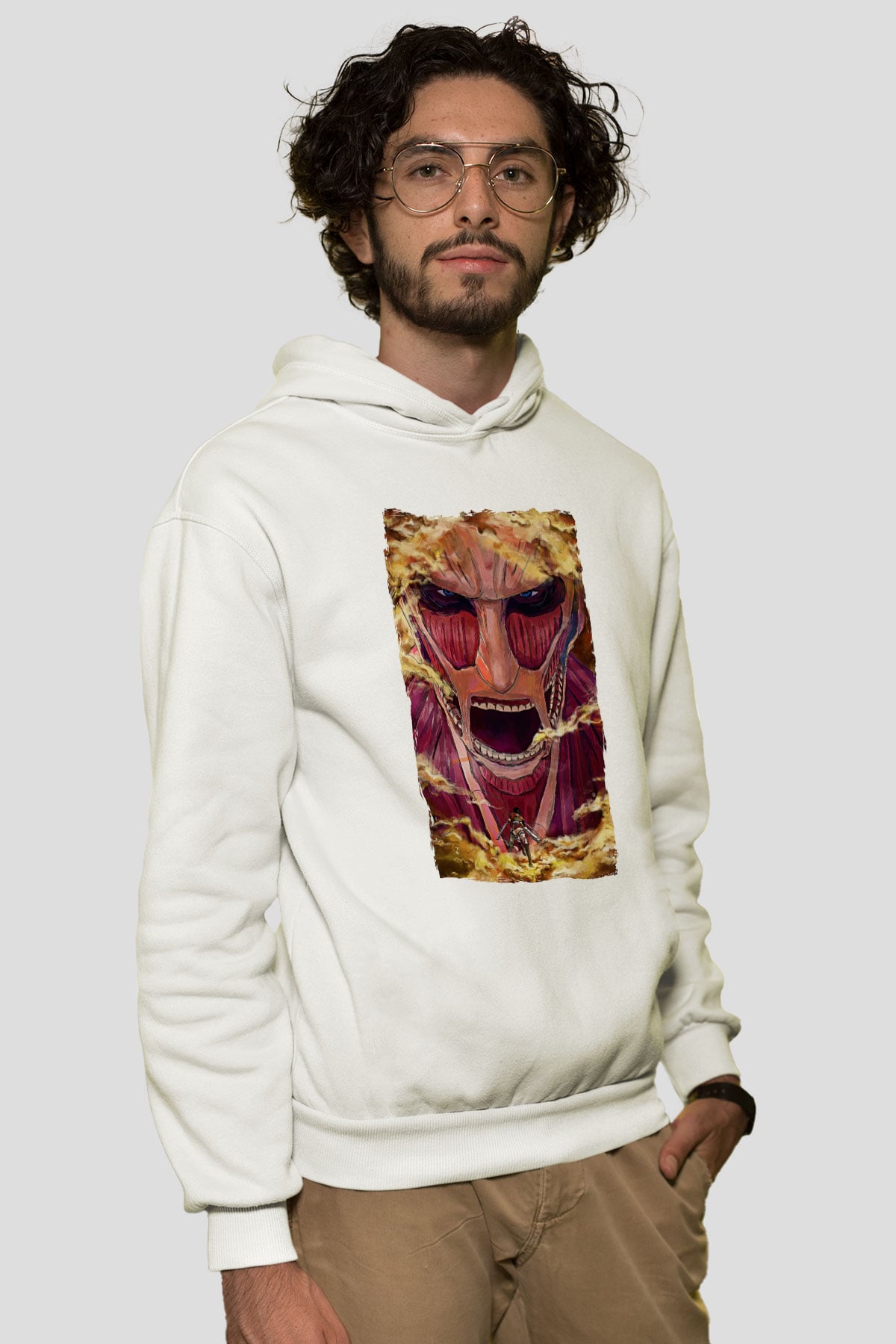 Attack On Titan Baskılı Beyaz Unisex Hoodie