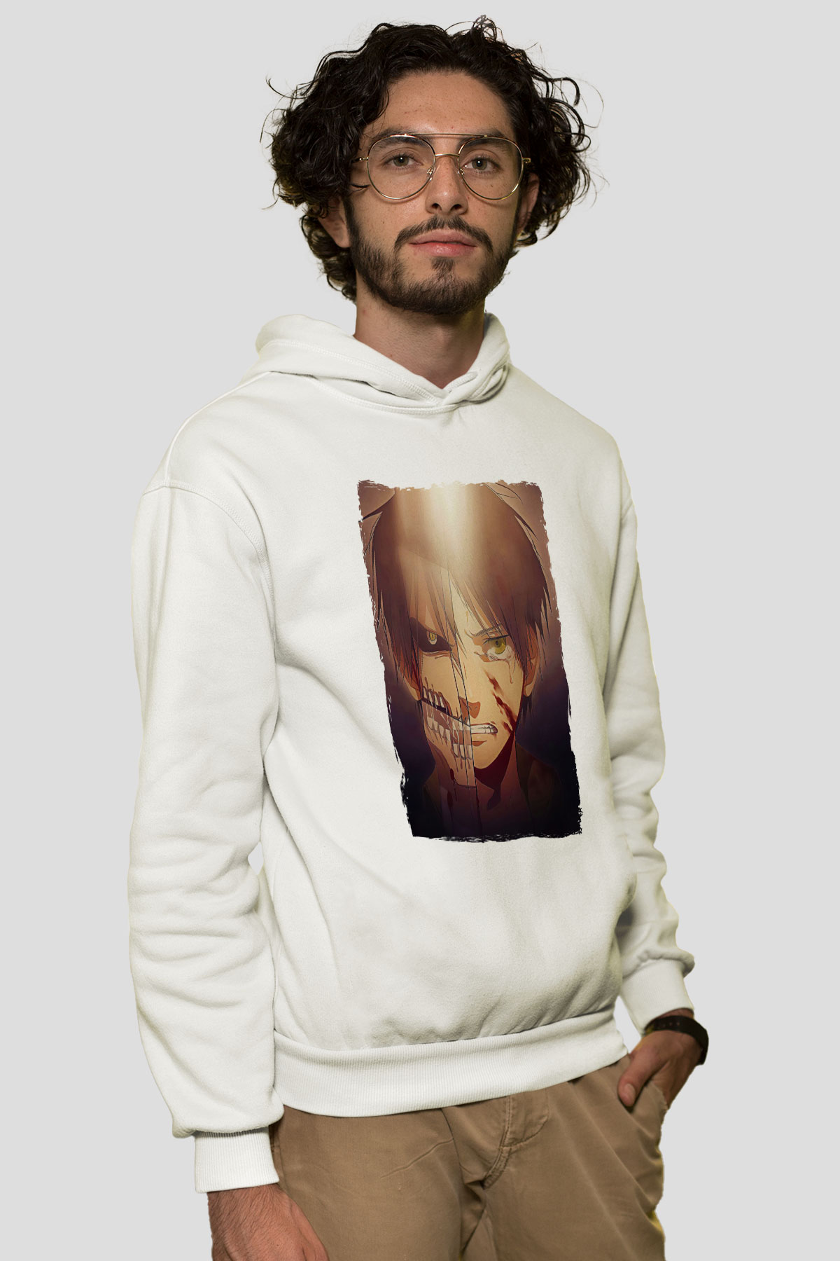Attack On Titan Baskılı Beyaz Unisex Hoodie