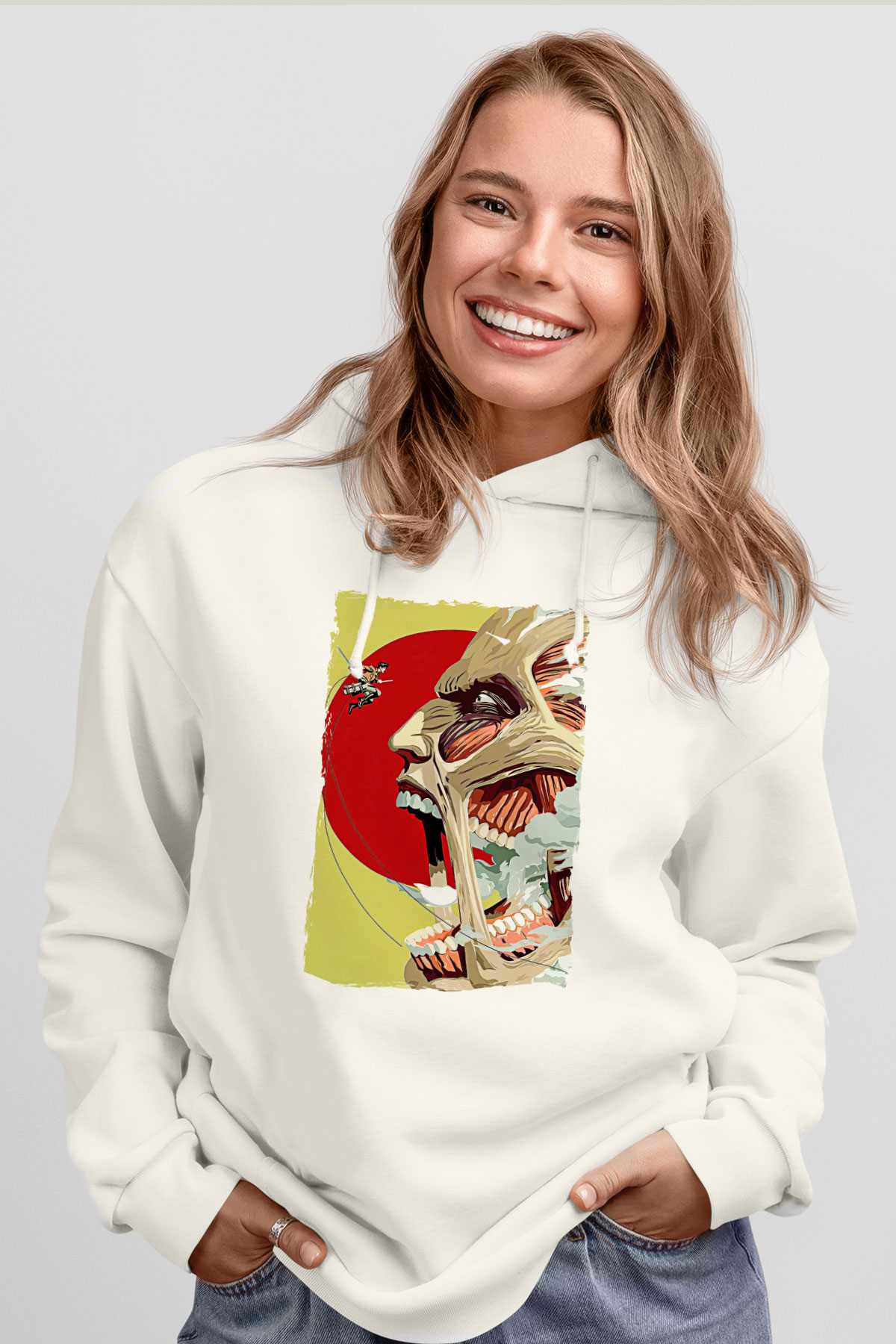 Attack On Titan Baskılı Beyaz Unisex Hoodie