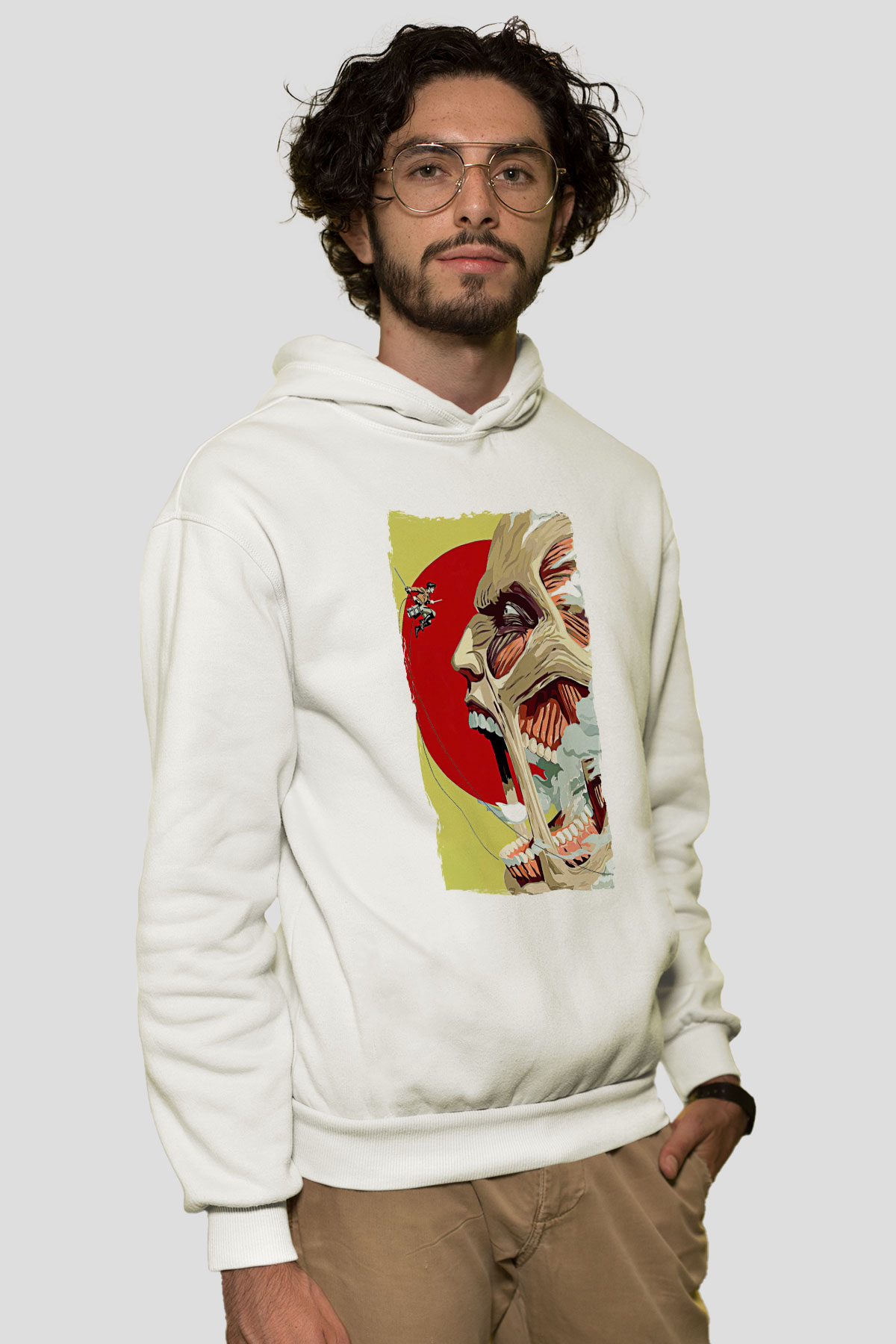 Attack On Titan Baskılı Beyaz Unisex Hoodie
