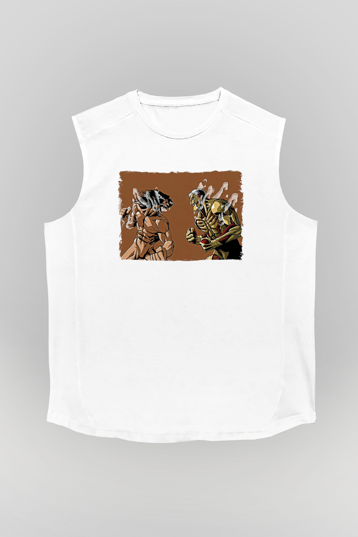 Attack On Titan Baskılı Beyaz Unisex Kolsuz Tişört - Tshirt