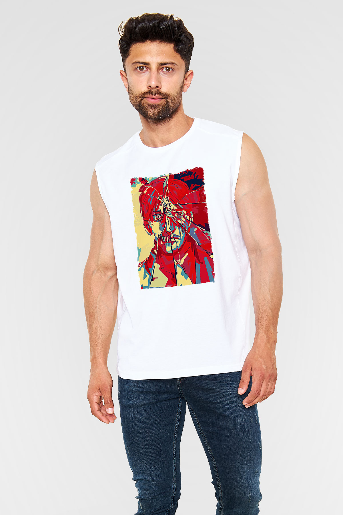 Attack On Titan Baskılı Beyaz Unisex Kolsuz Tişört - Tshirt