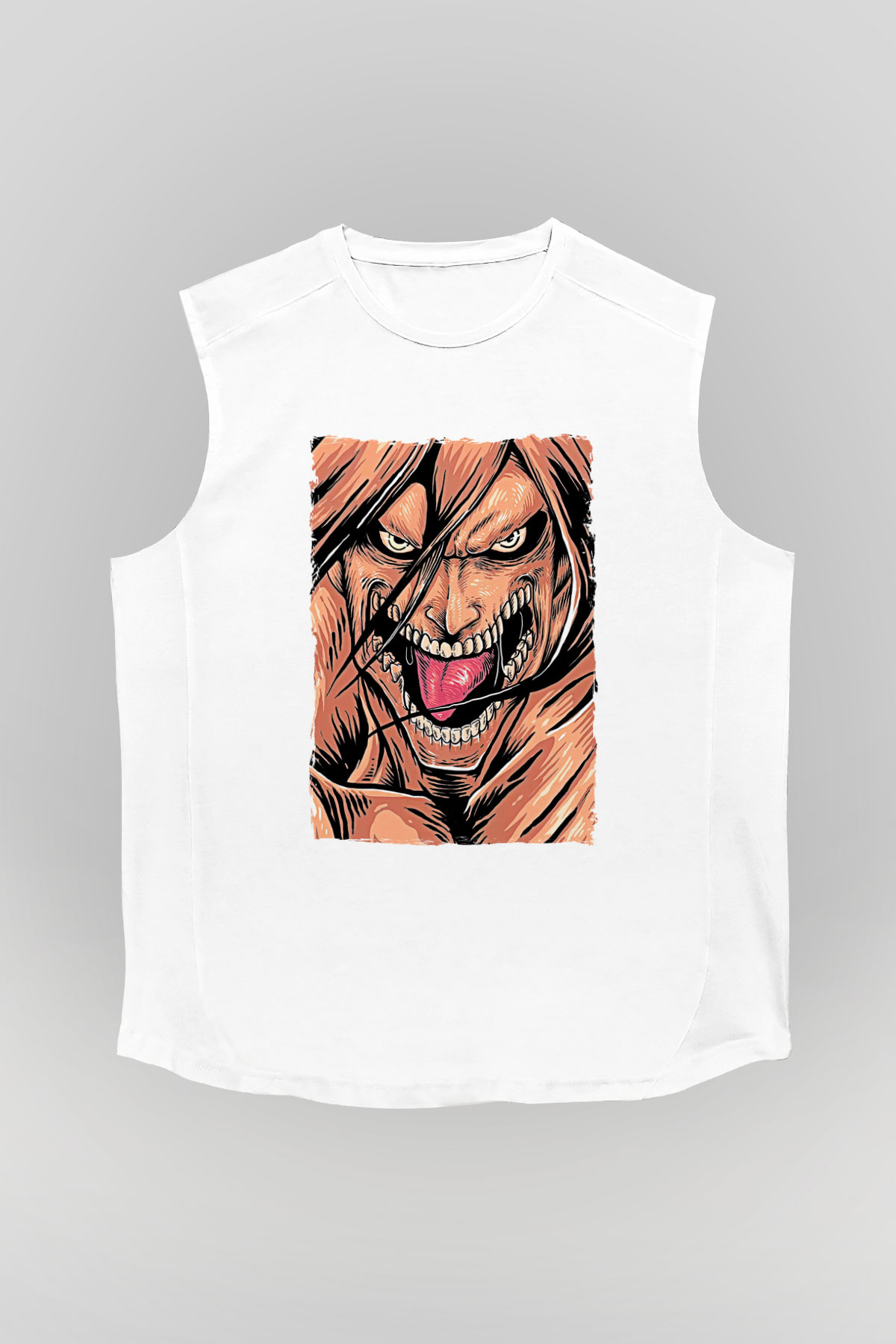 Attack On Titan Baskılı Beyaz Unisex Kolsuz Tişört - Tshirt