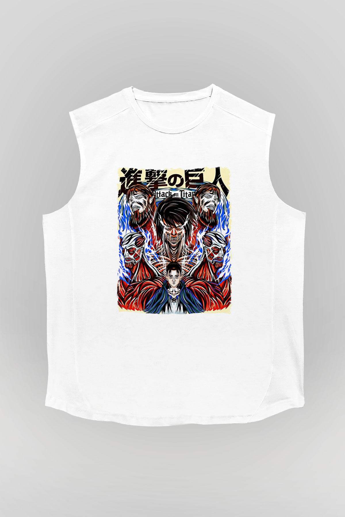 Attack On Titan Baskılı Beyaz Unisex Kolsuz Tişört - Tshirt