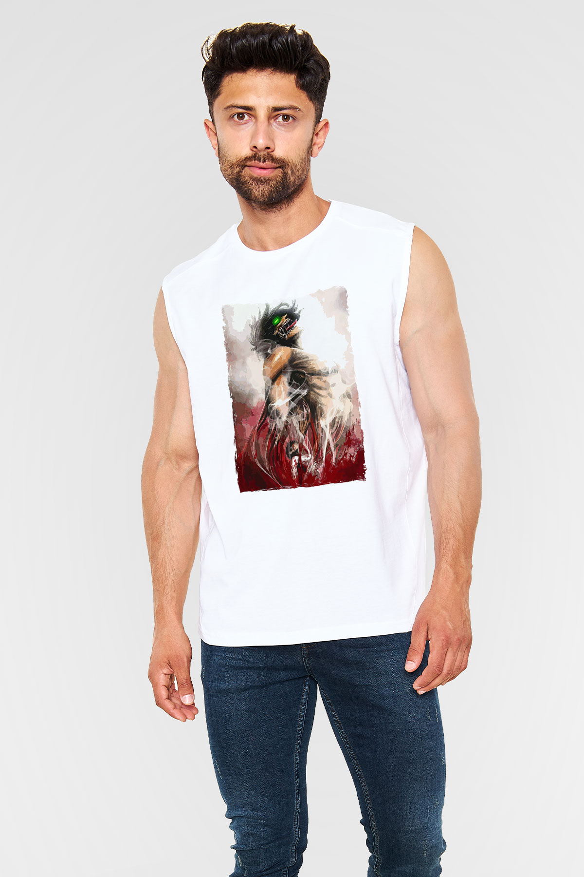 Attack On Titan Baskılı Beyaz Unisex Kolsuz Tişört - Tshirt