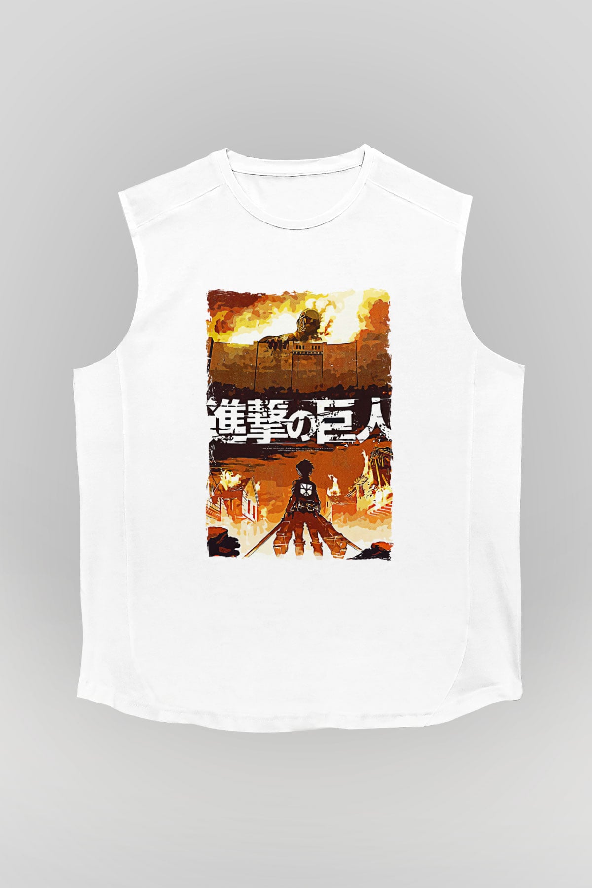 Attack On Titan Baskılı Beyaz Unisex Kolsuz Tişört - Tshirt