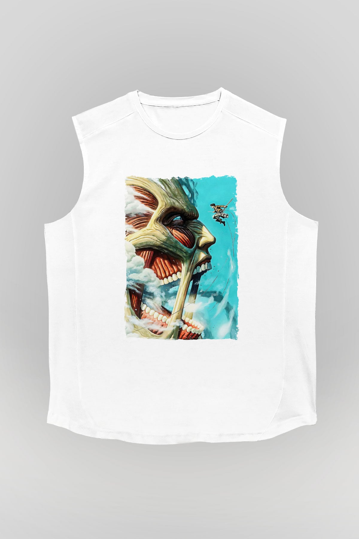 Attack On Titan Baskılı Beyaz Unisex Kolsuz Tişört - Tshirt