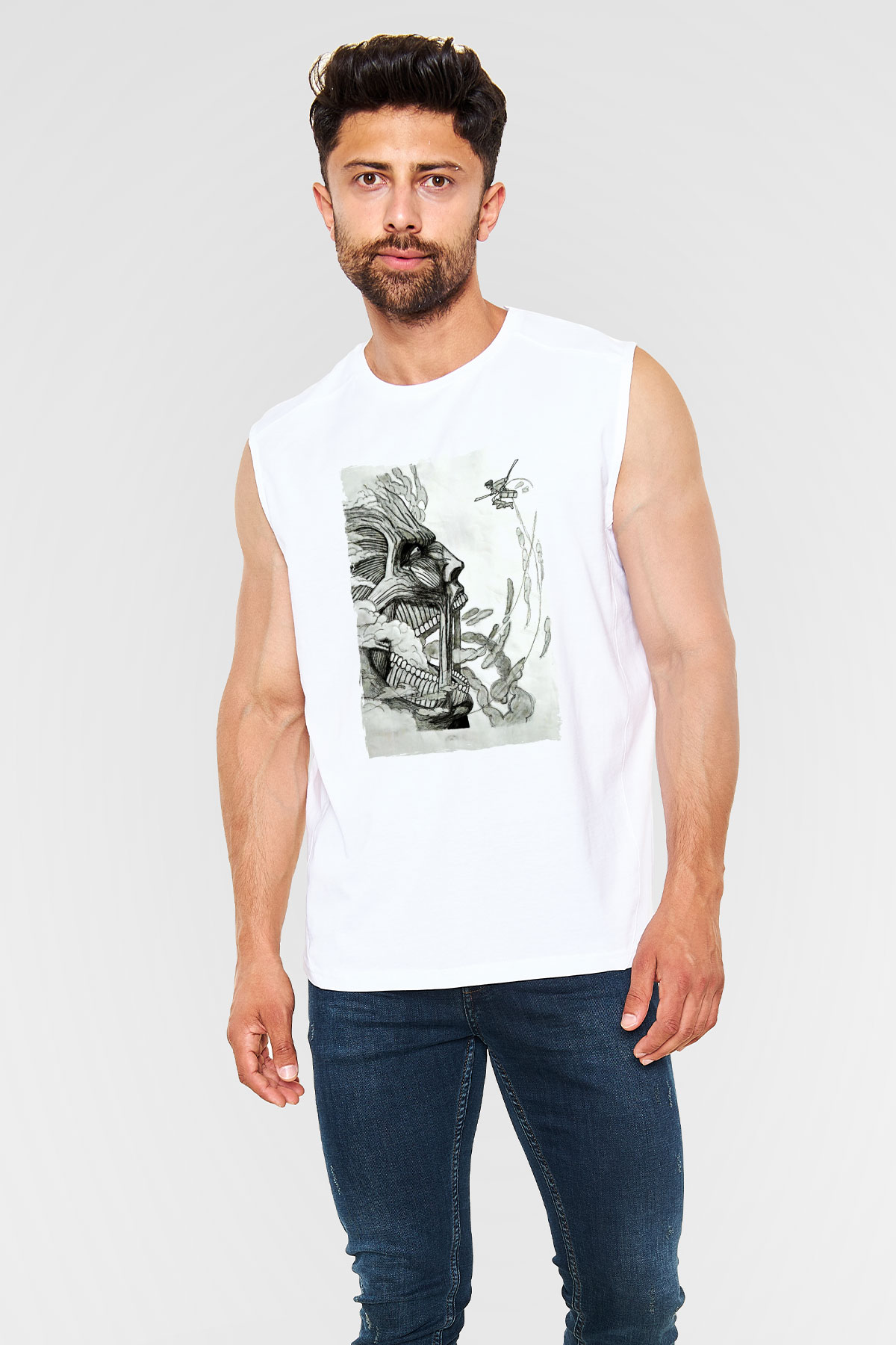 Attack On Titan Baskılı Beyaz Unisex Kolsuz Tişört - Tshirt