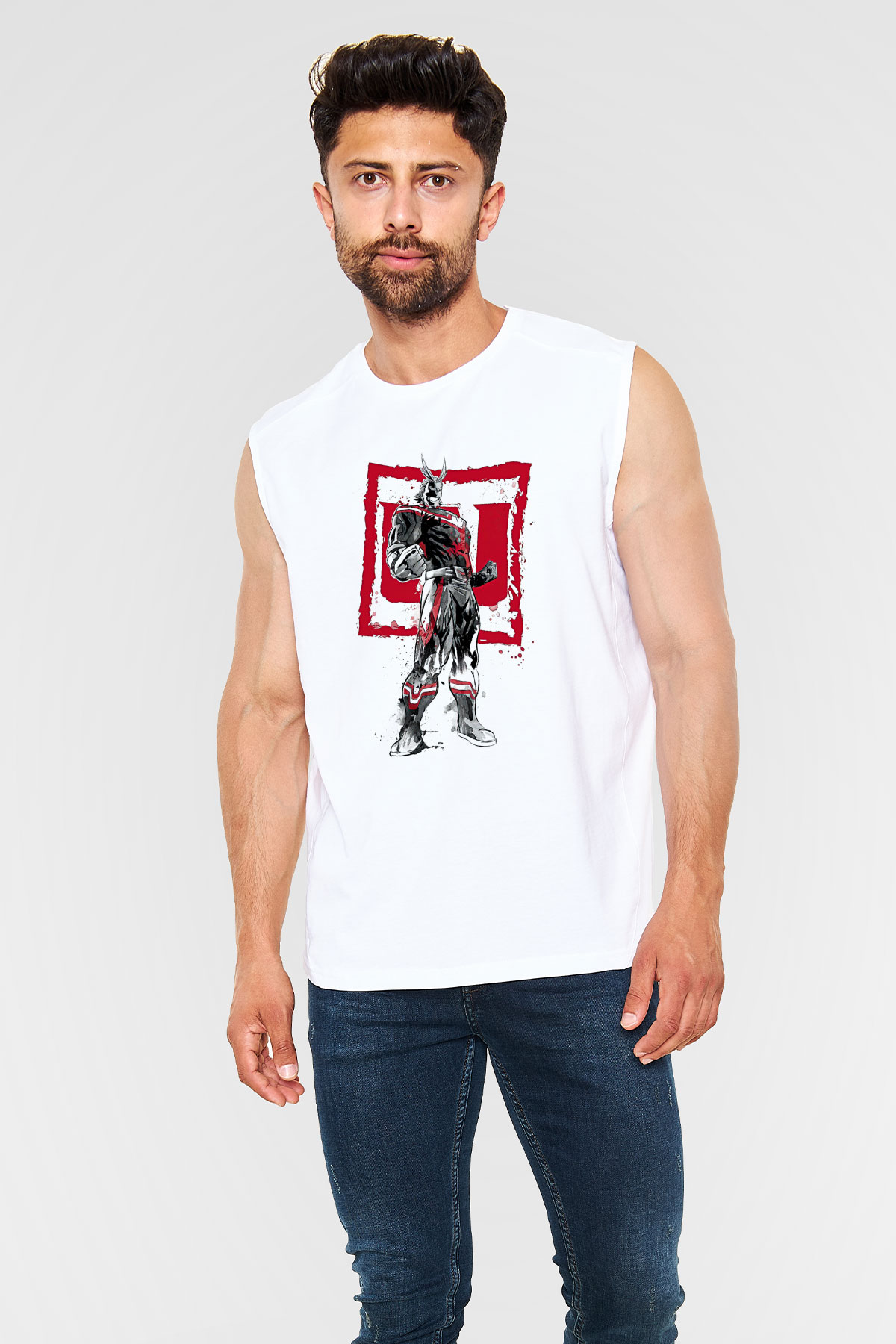 Attack On Titan Baskılı Beyaz Unisex Kolsuz Tişört - Tshirt