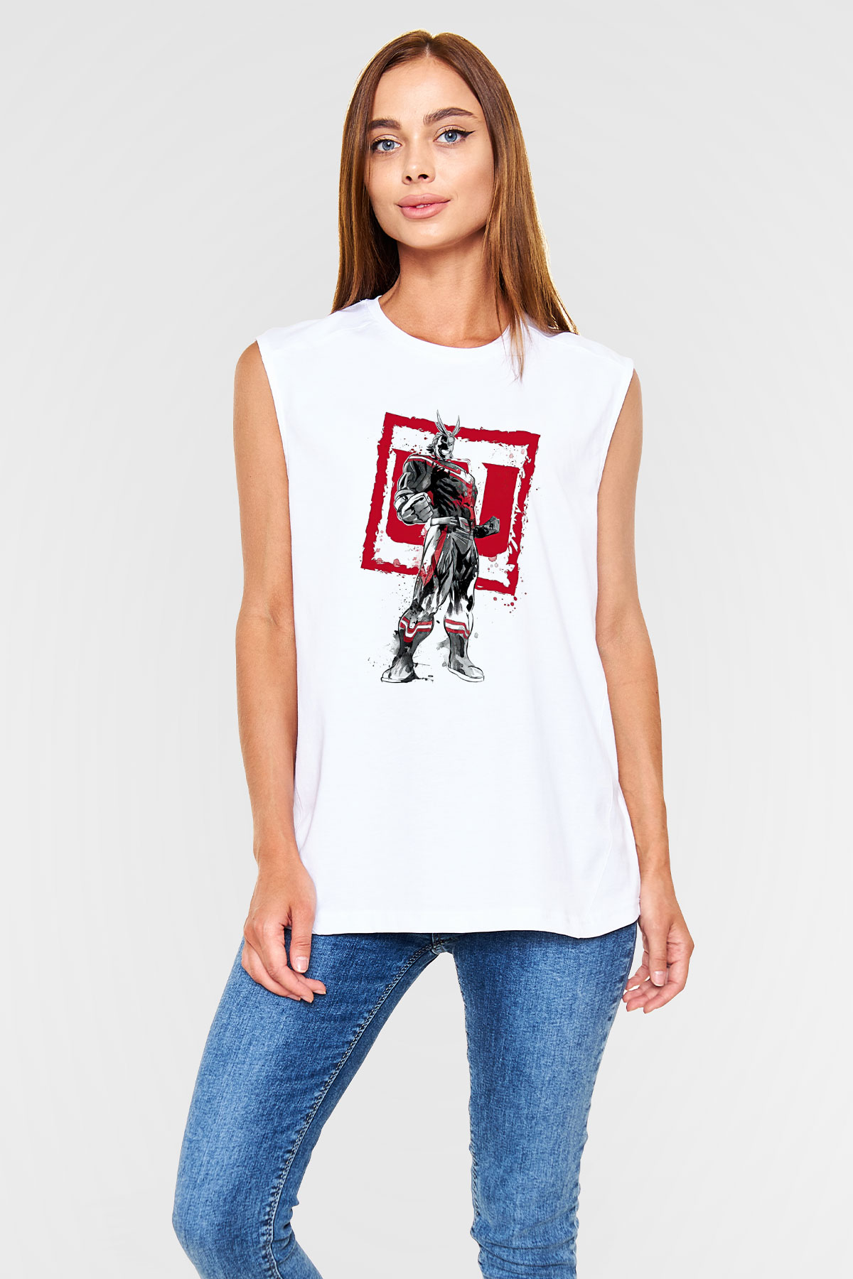 Attack On Titan Baskılı Beyaz Unisex Kolsuz Tişört - Tshirt