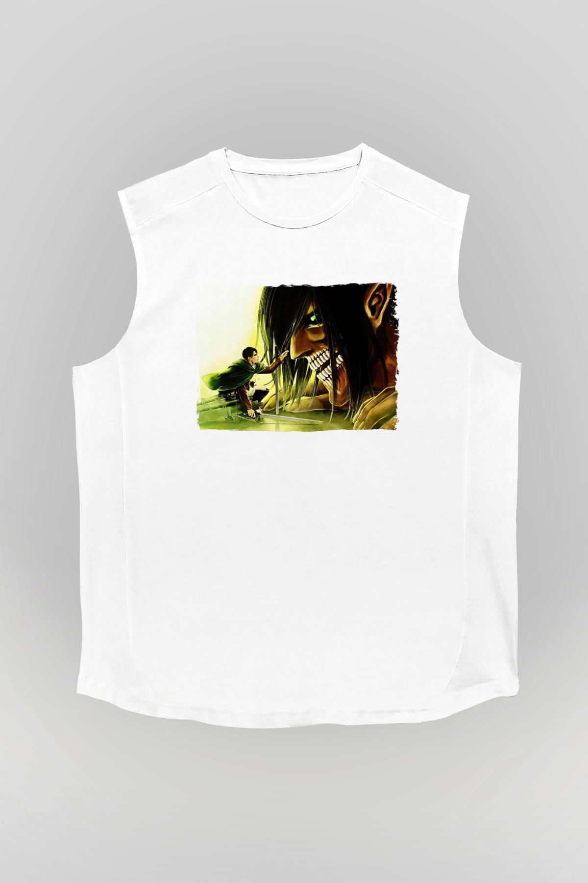 Attack On Titan Baskılı Beyaz Unisex Kolsuz Tişört - Tshirt