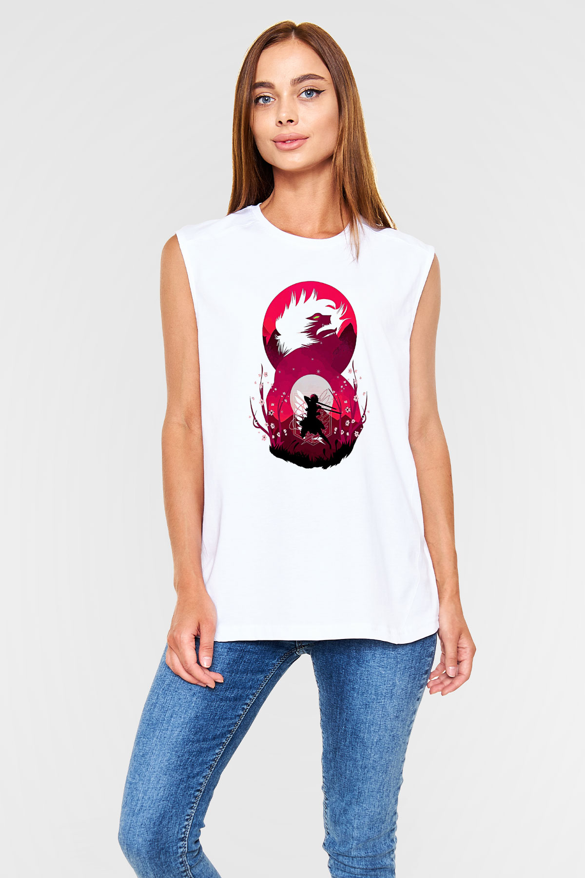 Attack On Titan Baskılı Beyaz Unisex Kolsuz Tişört - Tshirt
