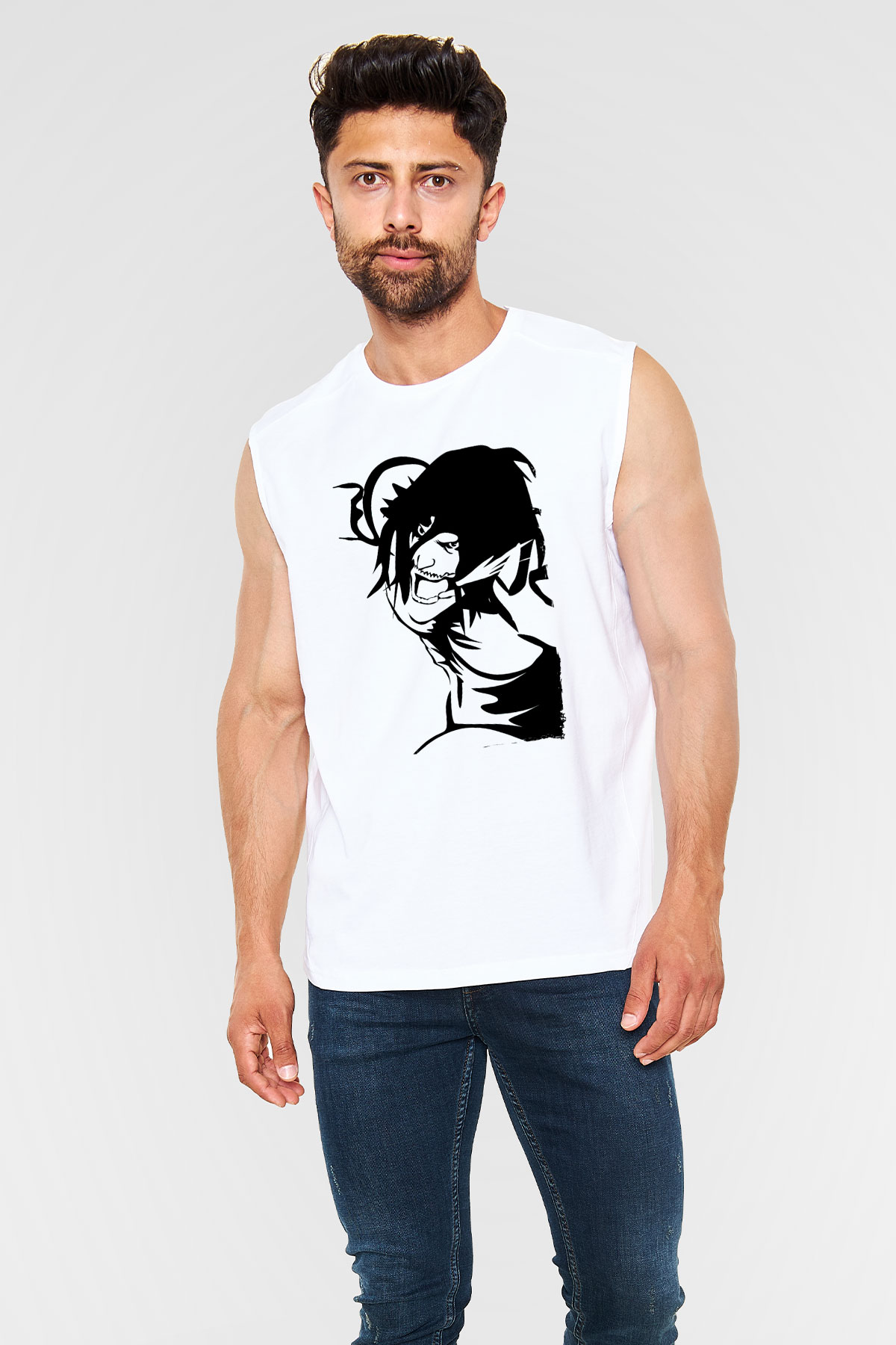 Attack On Titan Baskılı Beyaz Unisex Kolsuz Tişört - Tshirt