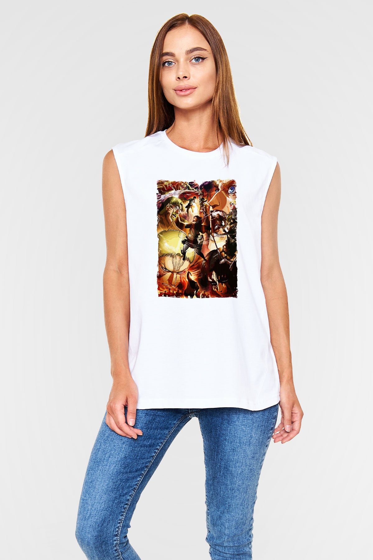 Attack On Titan Baskılı Beyaz Unisex Kolsuz Tişört - Tshirt