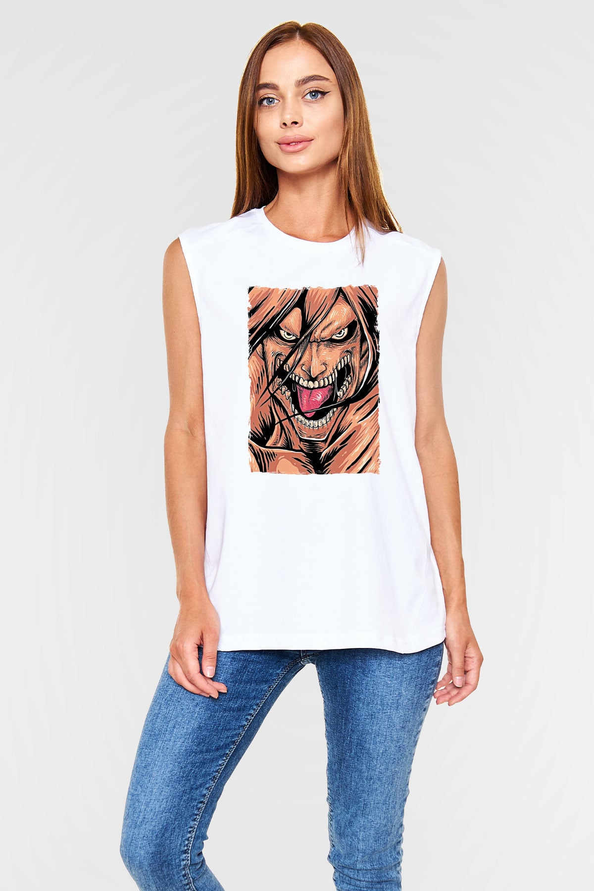 Attack On Titan Baskılı Beyaz Unisex Kolsuz Tişört - Tshirt