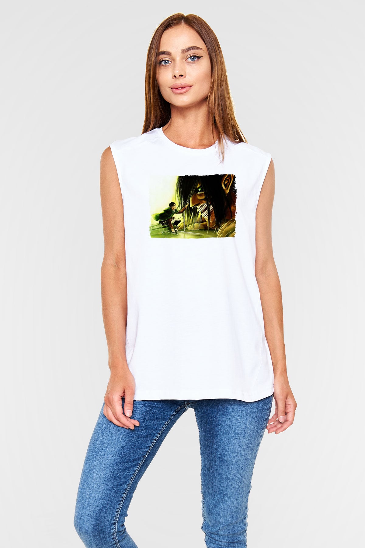 Attack On Titan Baskılı Beyaz Unisex Kolsuz Tişört - Tshirt