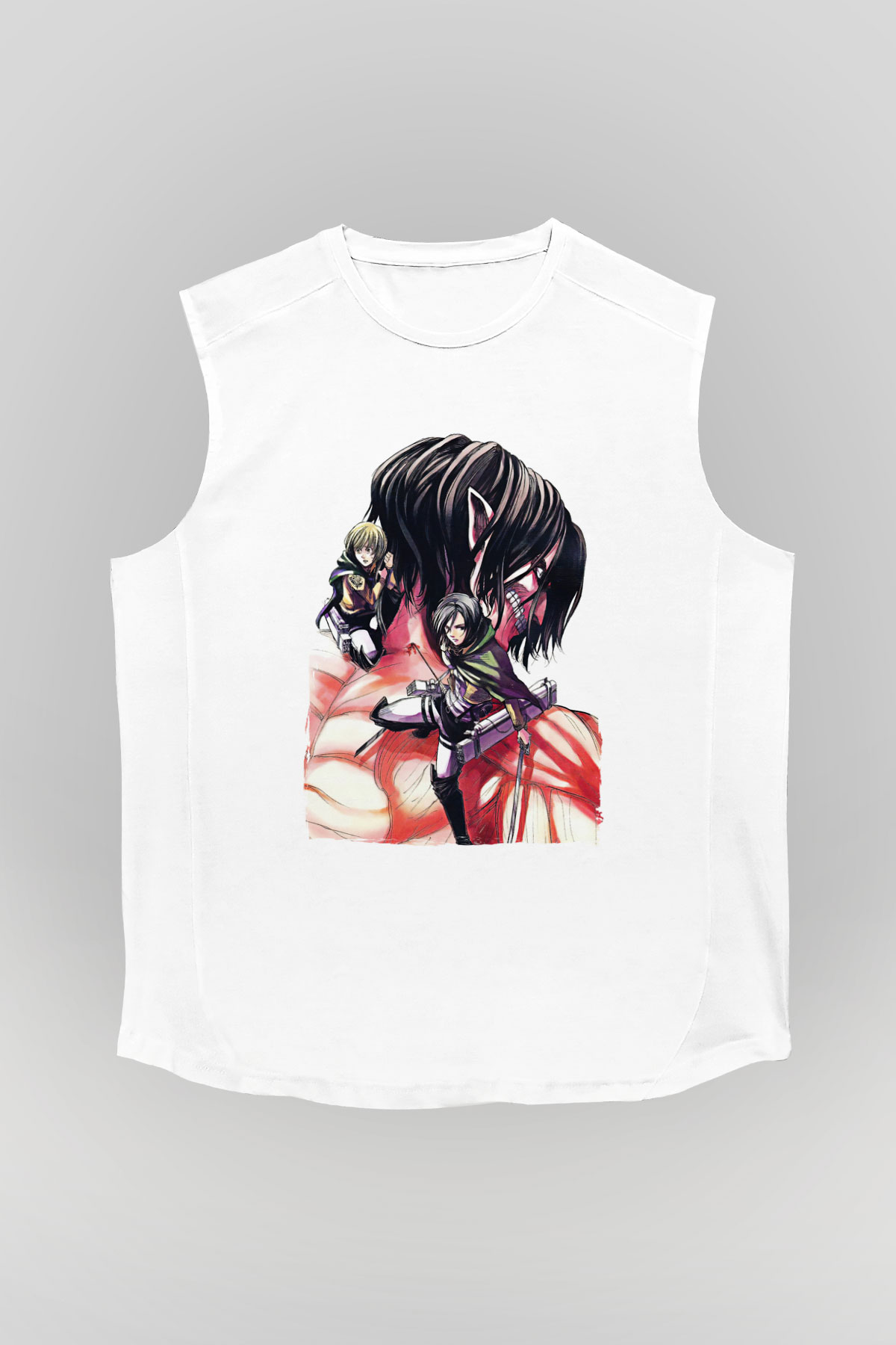 Attack On Titan Baskılı Beyaz Unisex Kolsuz Tişört - Tshirt