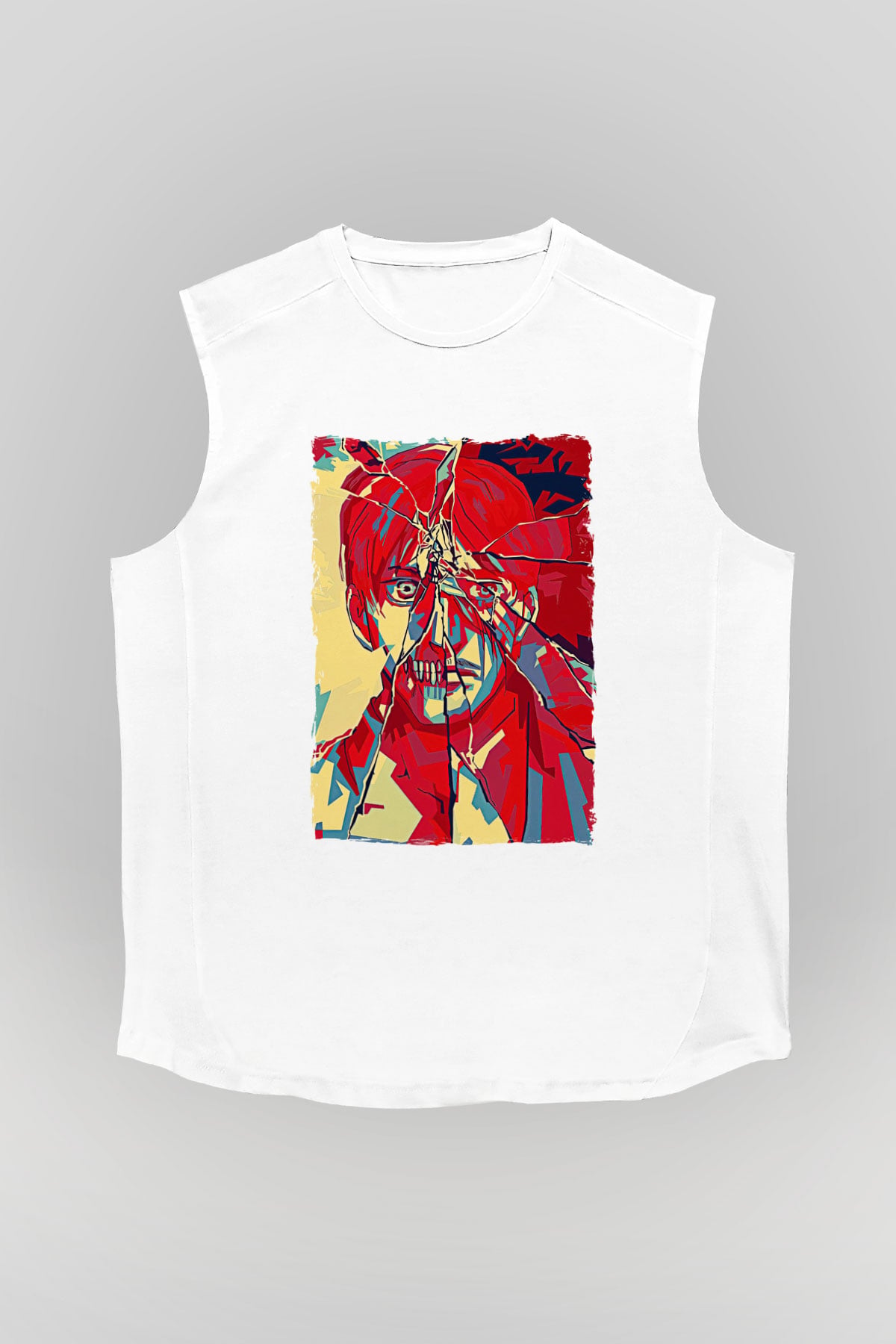 Attack On Titan Baskılı Beyaz Unisex Kolsuz Tişört - Tshirt