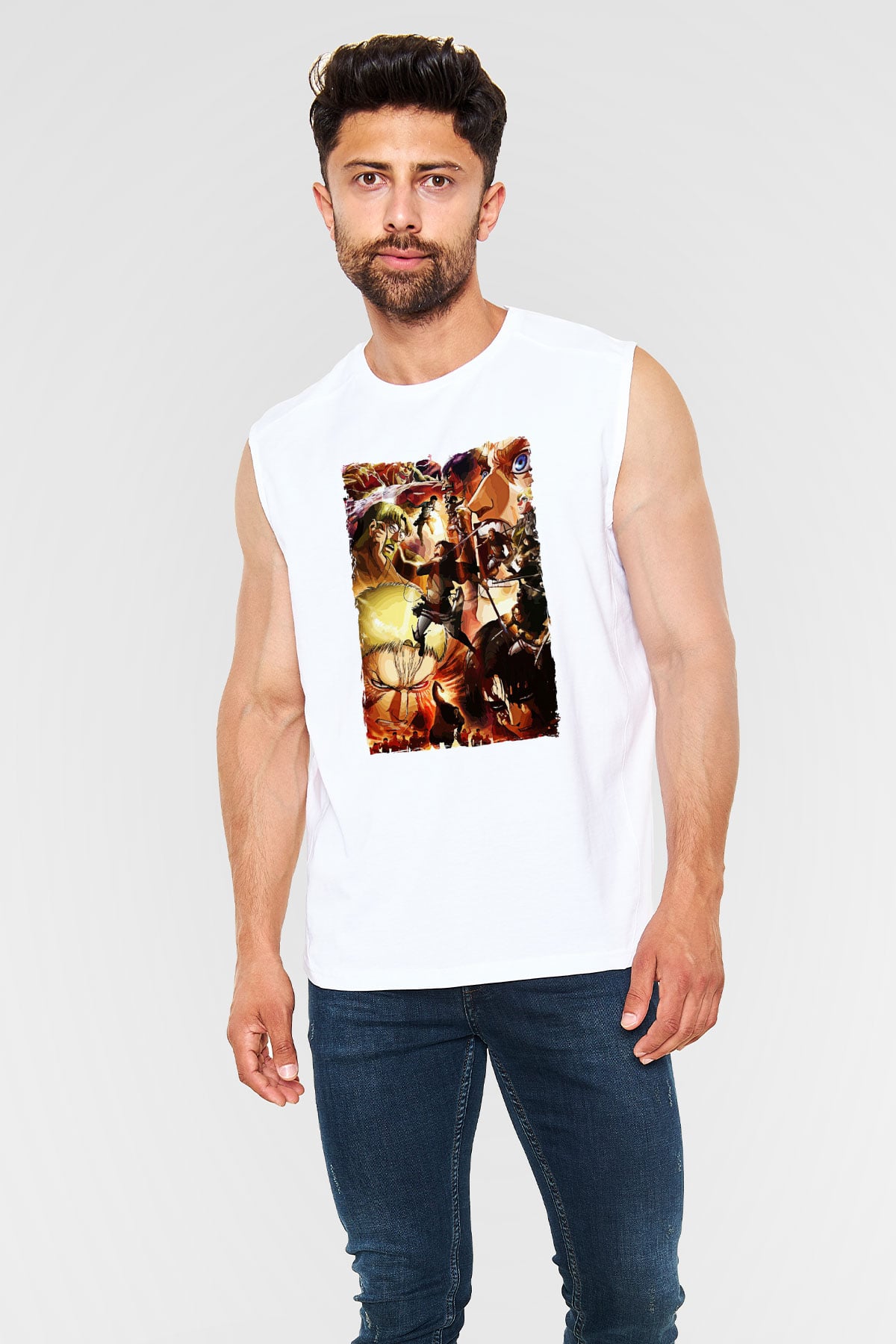 Attack On Titan Baskılı Beyaz Unisex Kolsuz Tişört - Tshirt