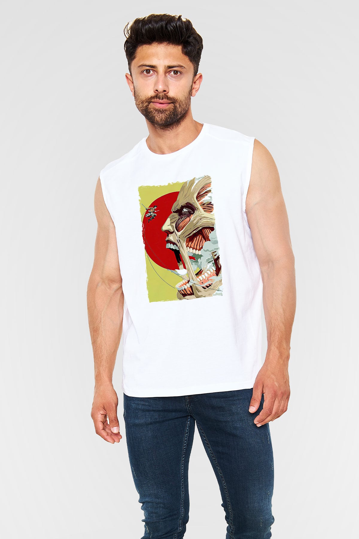 Attack On Titan Baskılı Beyaz Unisex Kolsuz Tişört - Tshirt
