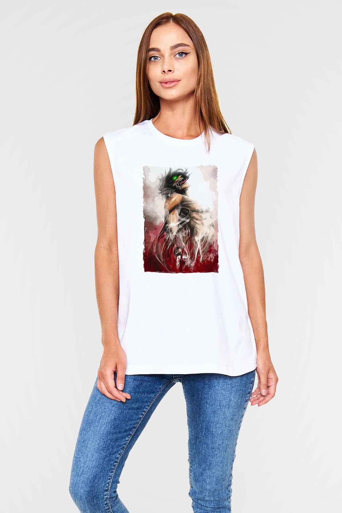 Attack On Titan Baskılı Beyaz Unisex Kolsuz Tişört - Tshirt