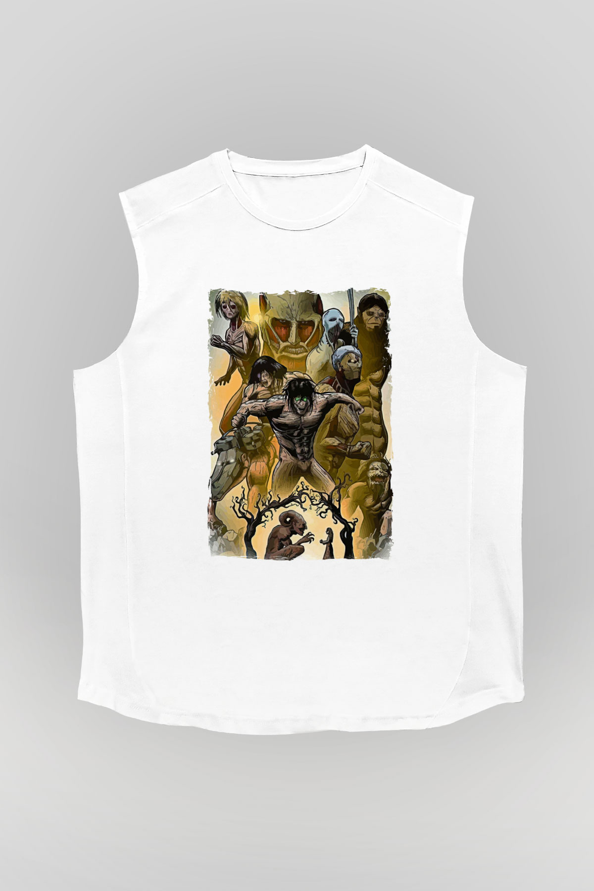 Attack On Titan Baskılı Beyaz Unisex Kolsuz Tişört - Tshirt