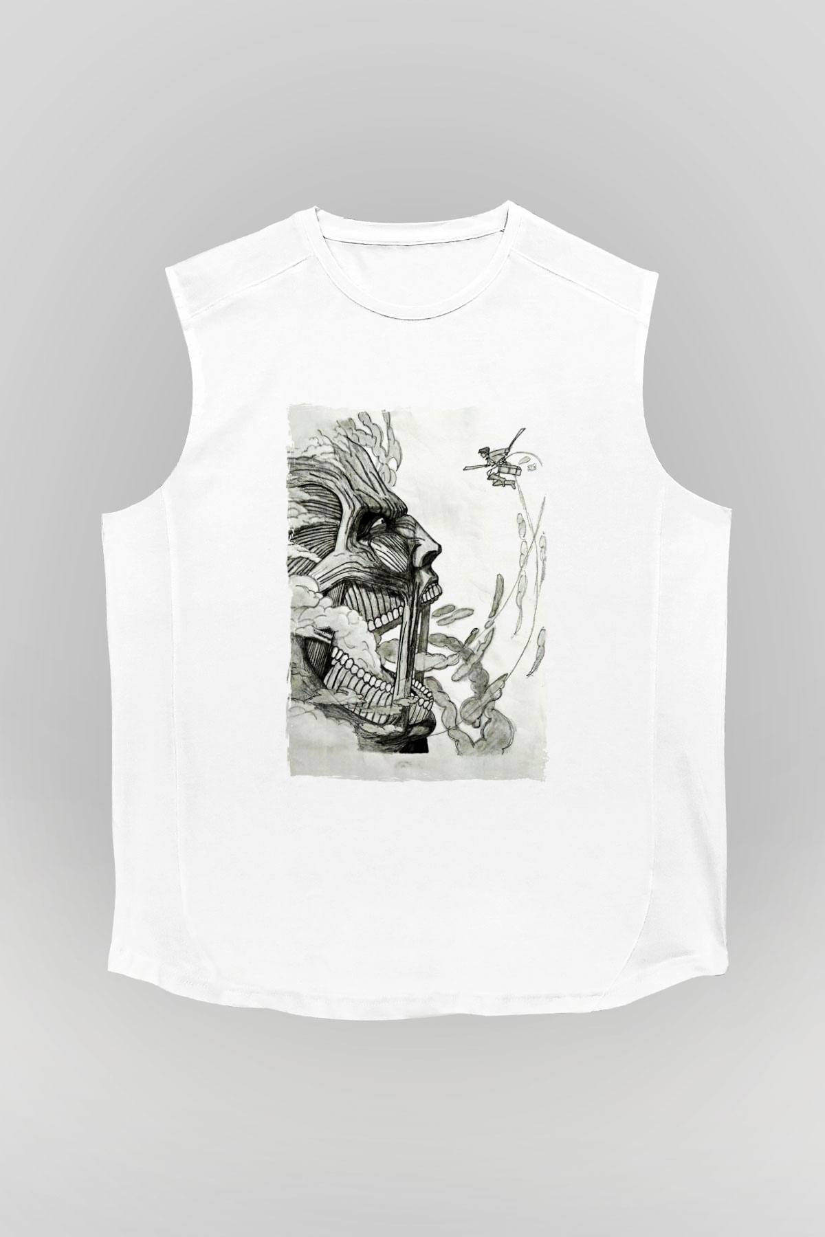 Attack On Titan Baskılı Beyaz Unisex Kolsuz Tişört - Tshirt