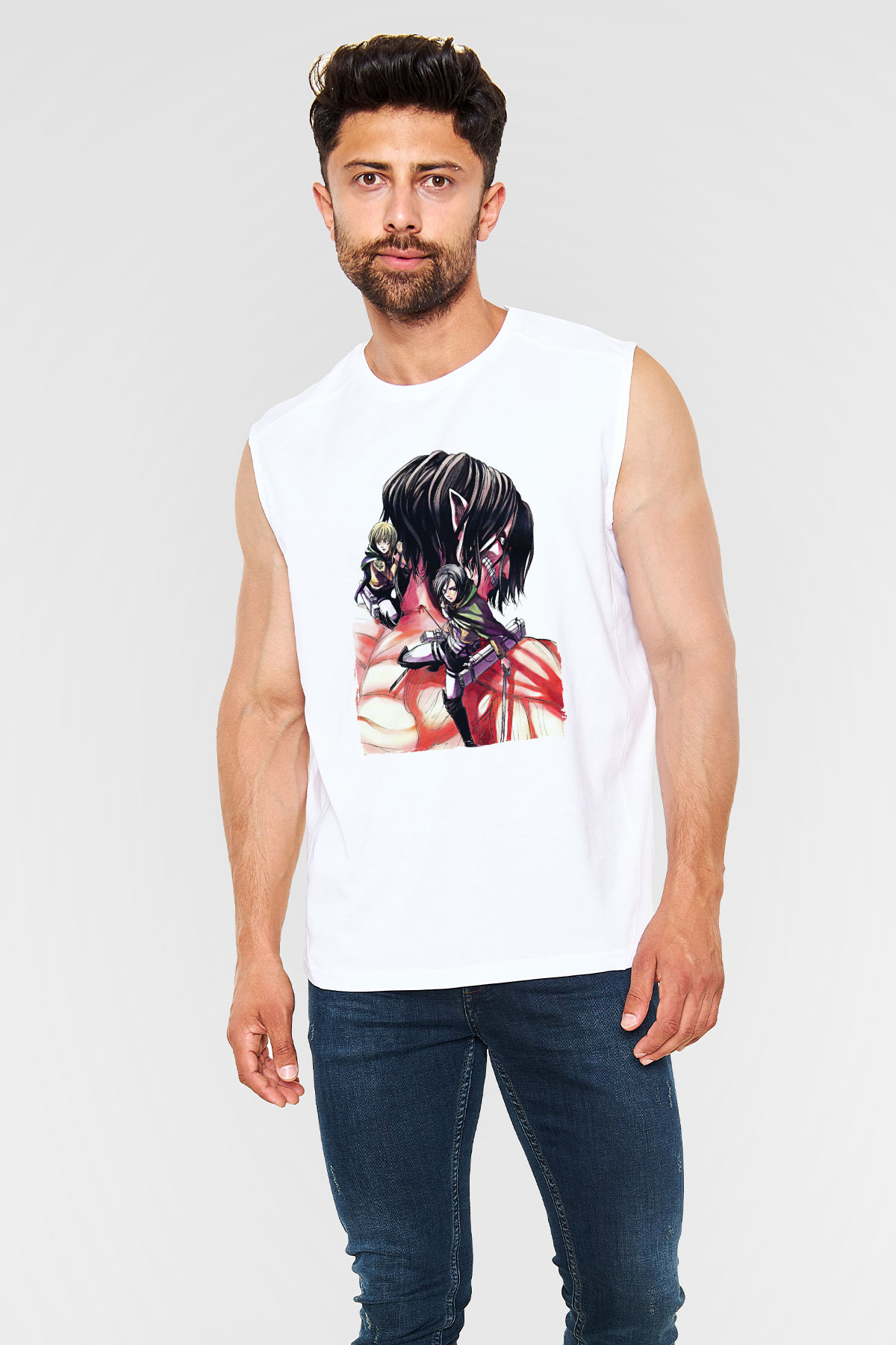 Attack On Titan Baskılı Beyaz Unisex Kolsuz Tişört - Tshirt