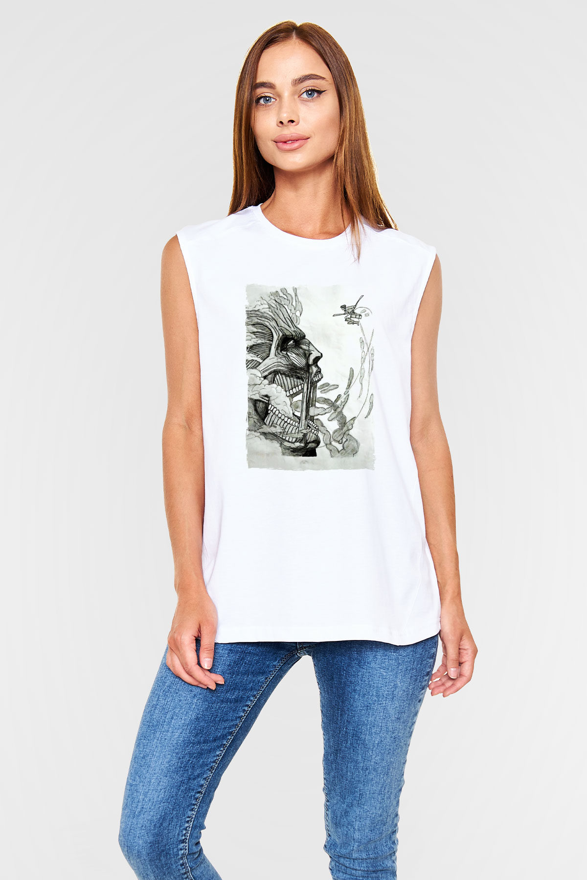 Attack On Titan Baskılı Beyaz Unisex Kolsuz Tişört - Tshirt