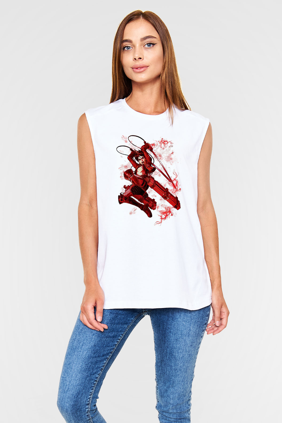 Attack On Titan Baskılı Beyaz Unisex Kolsuz Tişört - Tshirt