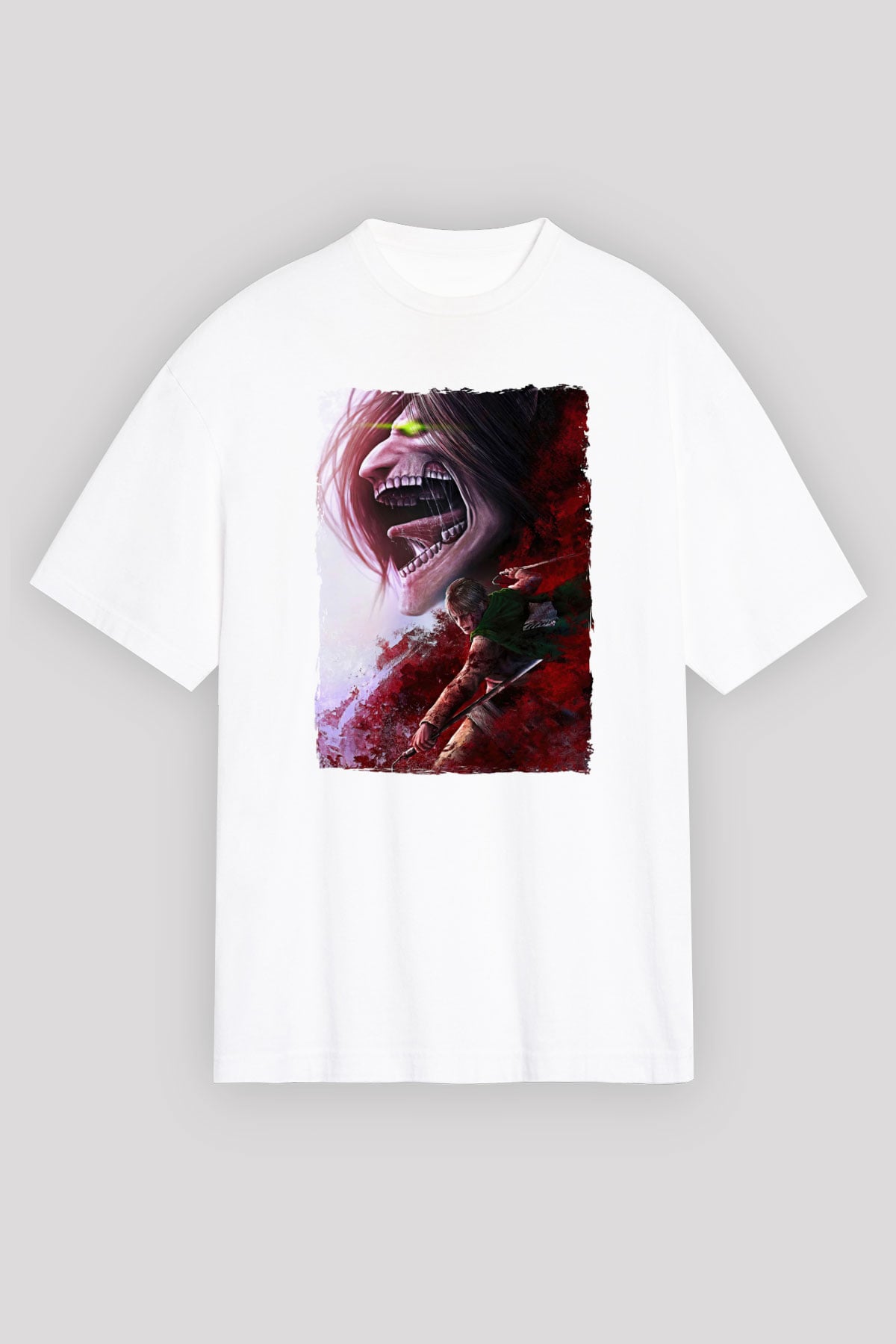 Attack On Titan Baskılı Beyaz Unisex Oversize Tişört - Tshirt