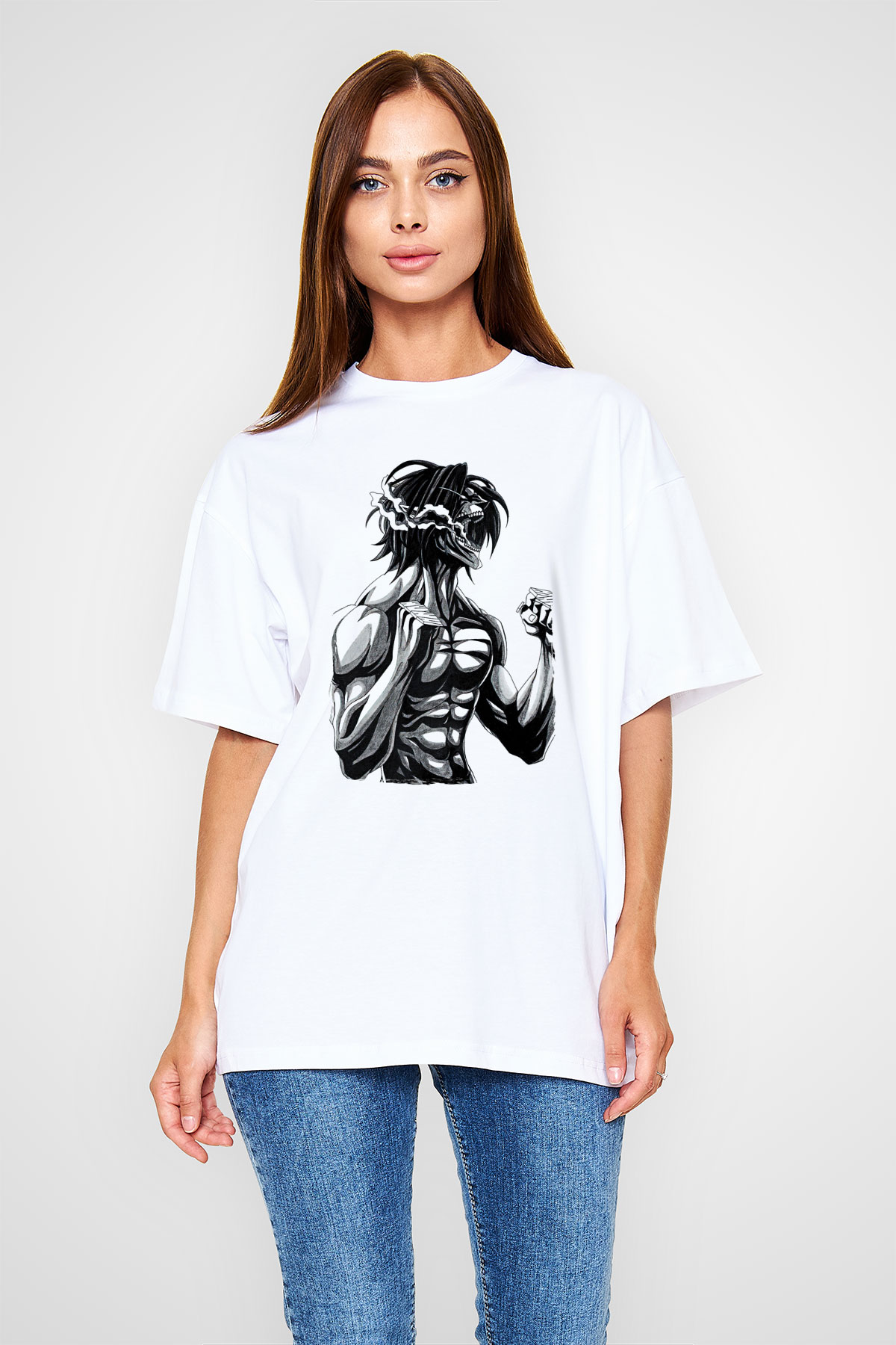 Attack On Titan Baskılı Beyaz Unisex Oversize Tişört - Tshirt