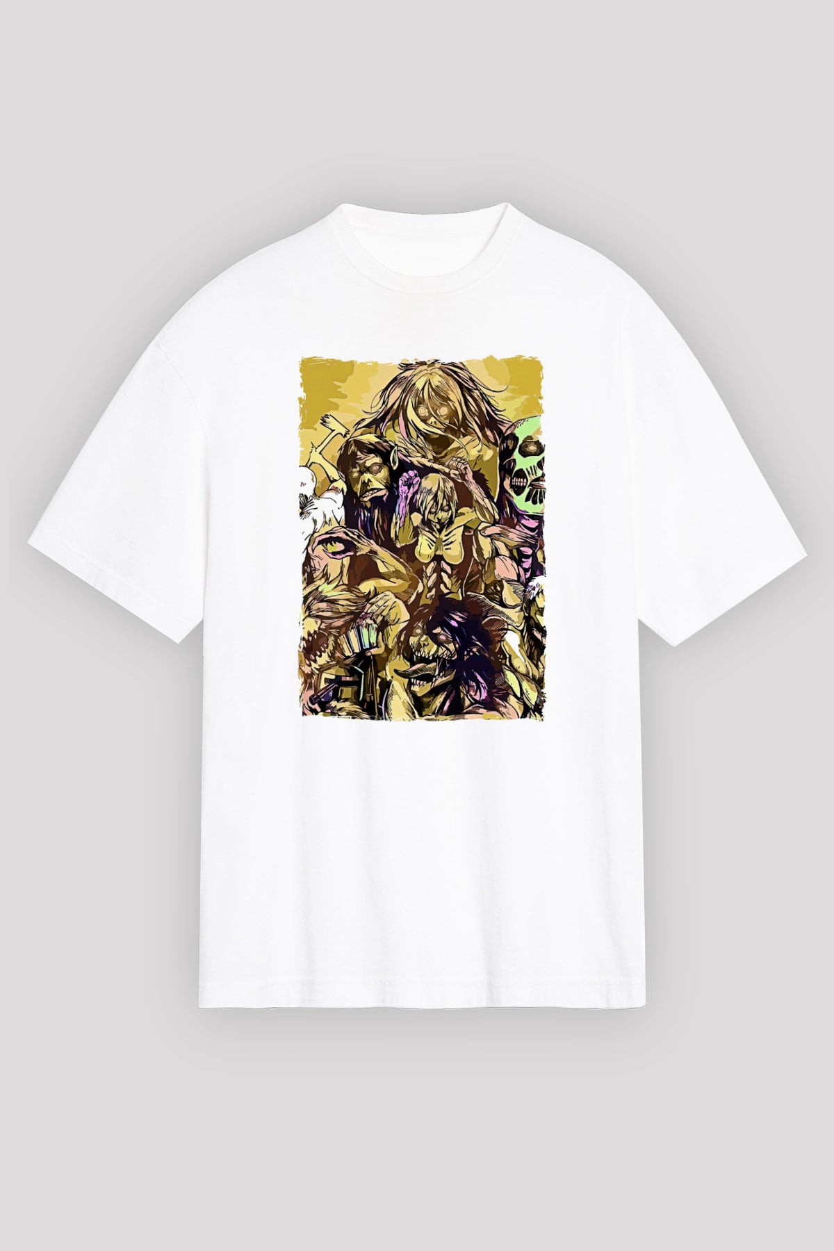 Attack On Titan Baskılı Beyaz Unisex Oversize Tişört - Tshirt
