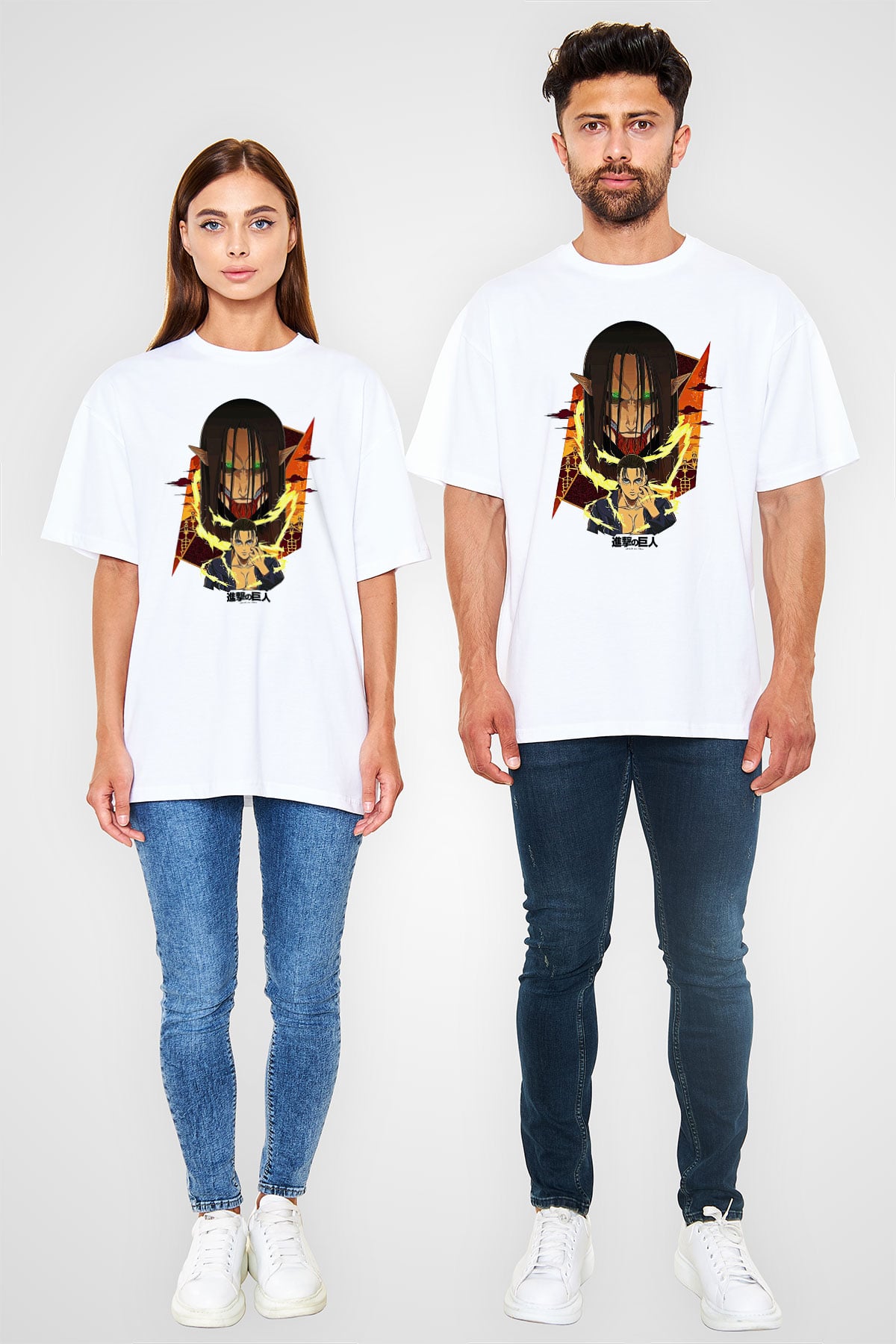 Attack On Titan Baskılı Beyaz Unisex Oversize Tişört - Tshirt