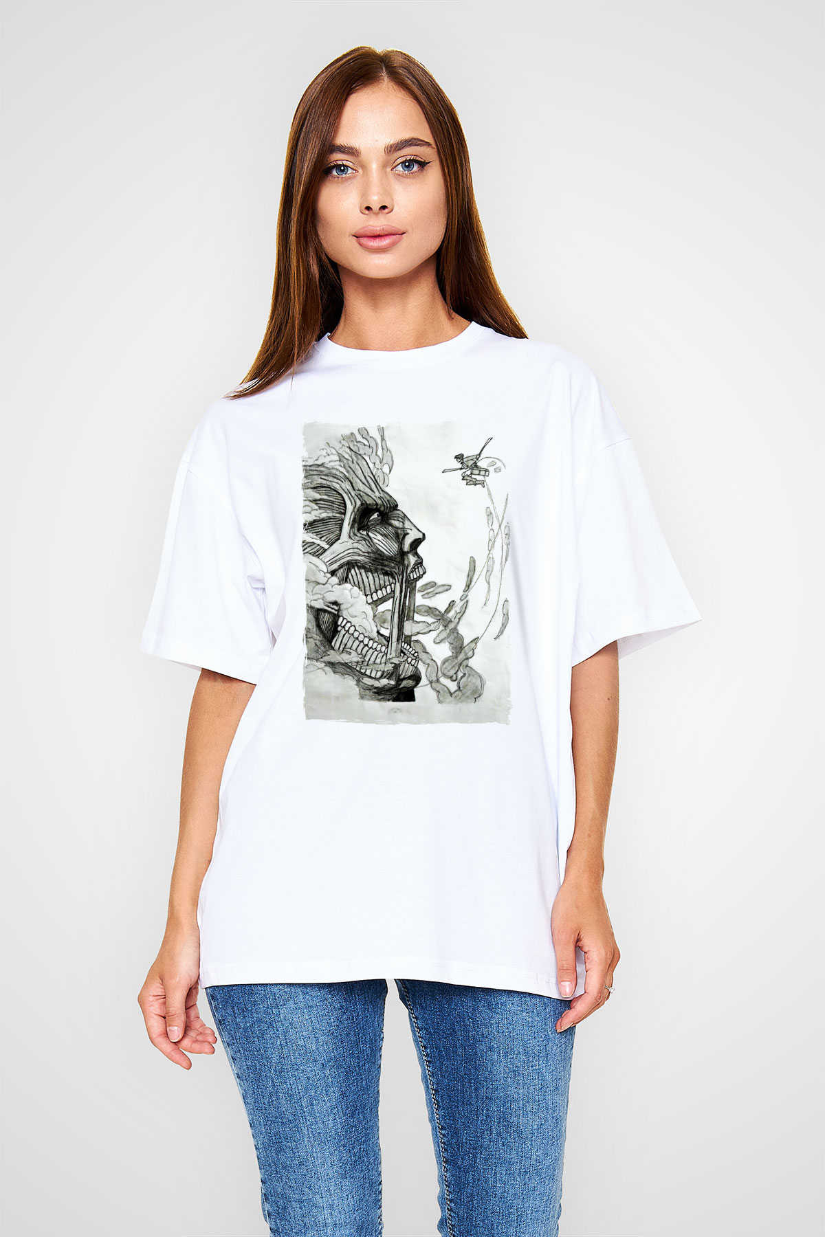 Attack On Titan Baskılı Beyaz Unisex Oversize Tişört - Tshirt