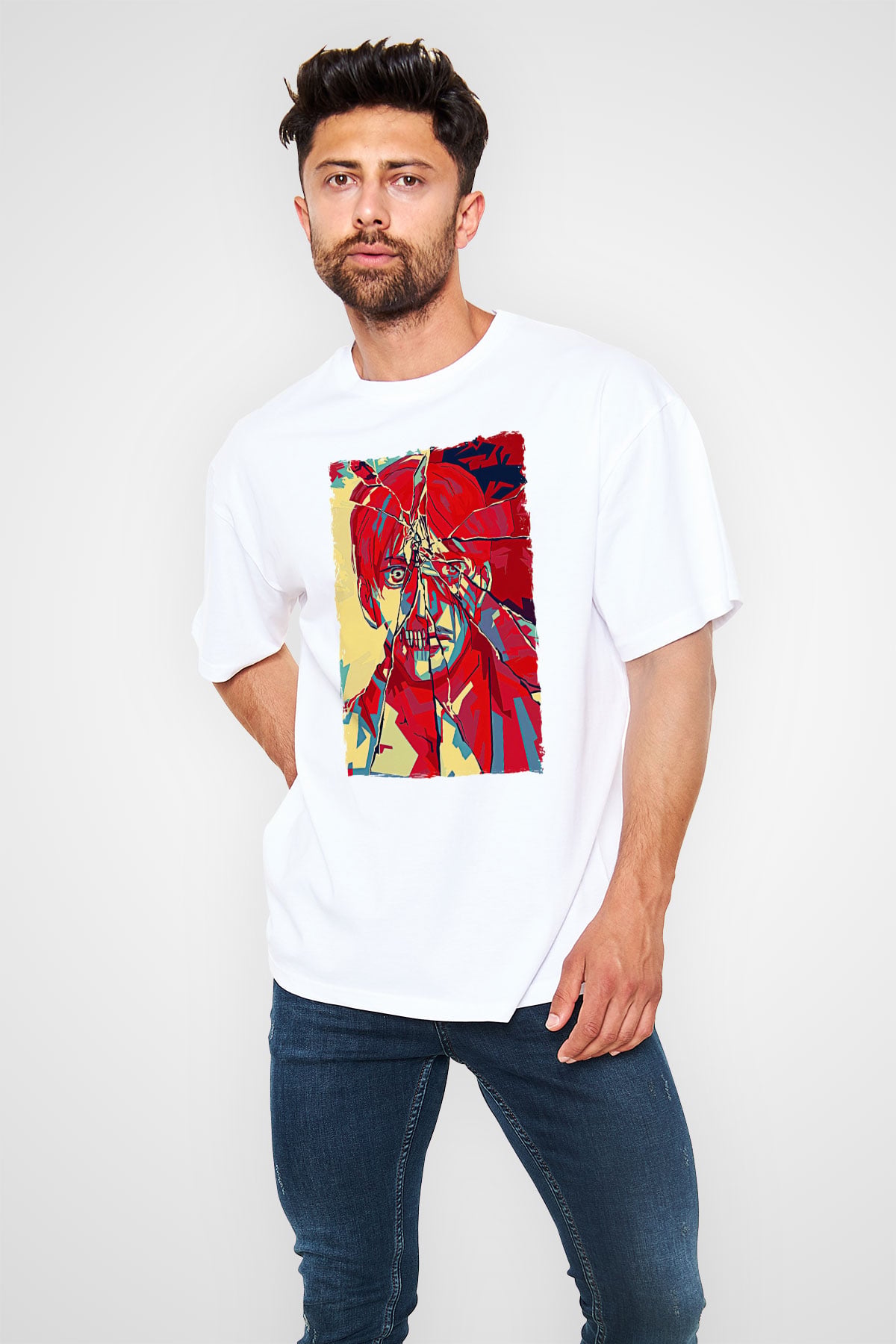 Attack On Titan Baskılı Beyaz Unisex Oversize Tişört - Tshirt