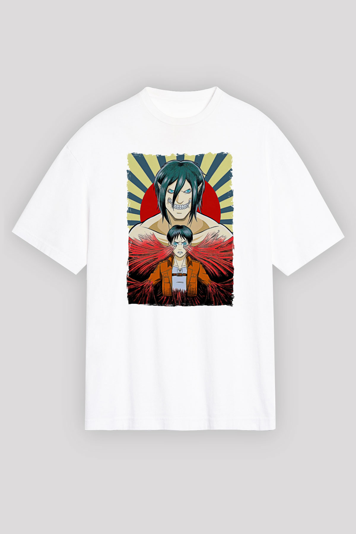 Attack On Titan Baskılı Beyaz Unisex Oversize Tişört - Tshirt