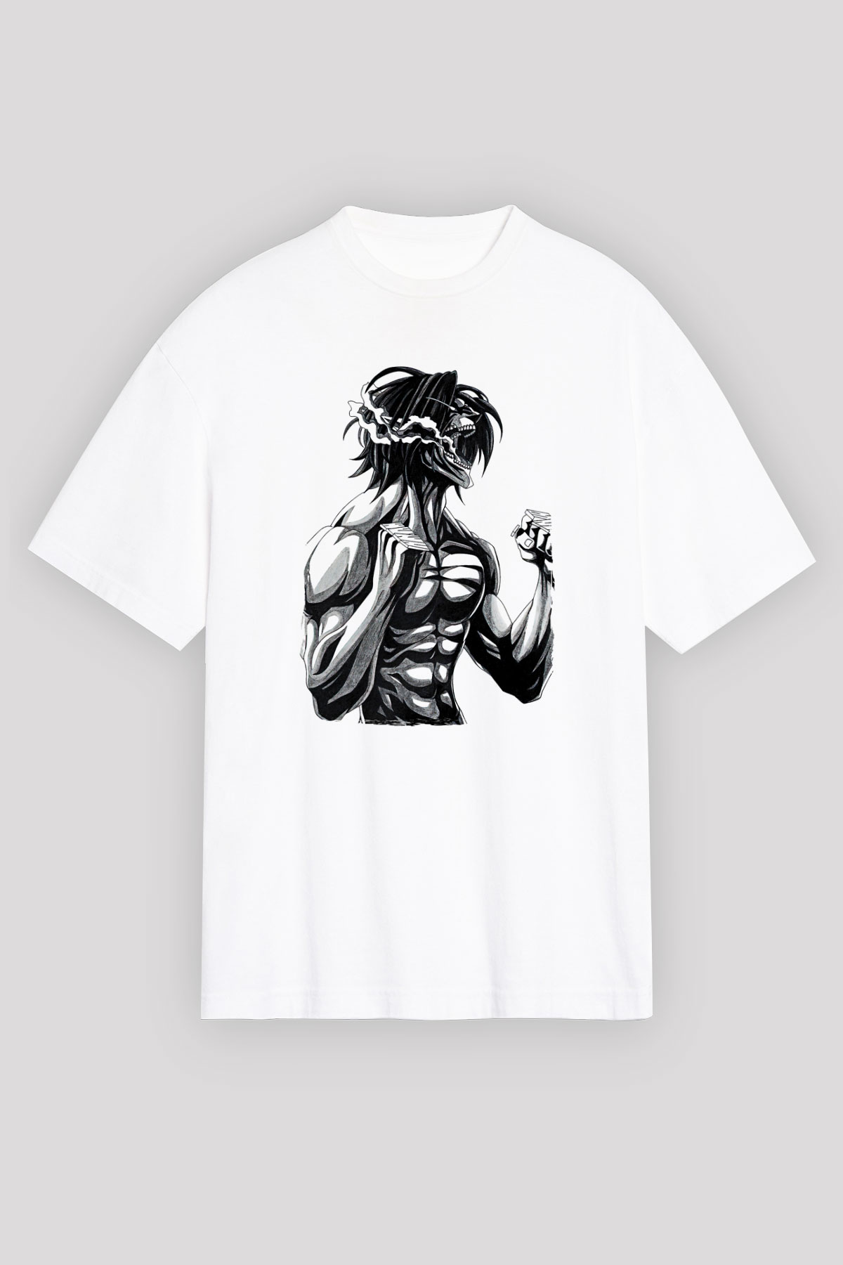 Attack On Titan Baskılı Beyaz Unisex Oversize Tişört - Tshirt