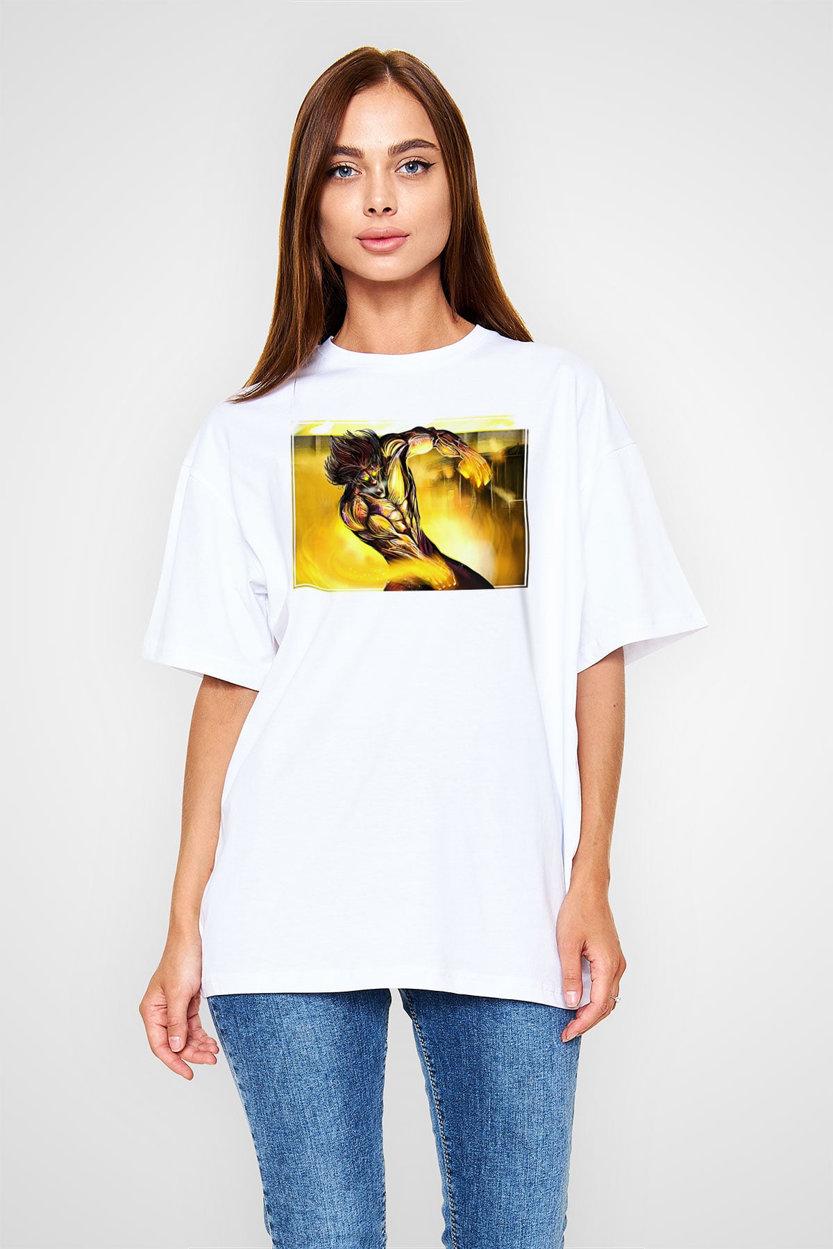 Attack On Titan Baskılı Beyaz Unisex Oversize Tişört - Tshirt