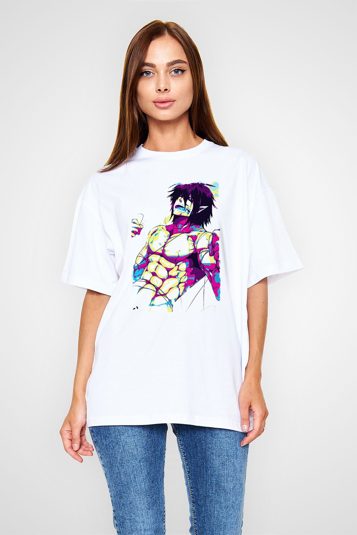 Attack On Titan Baskılı Beyaz Unisex Oversize Tişört - Tshirt