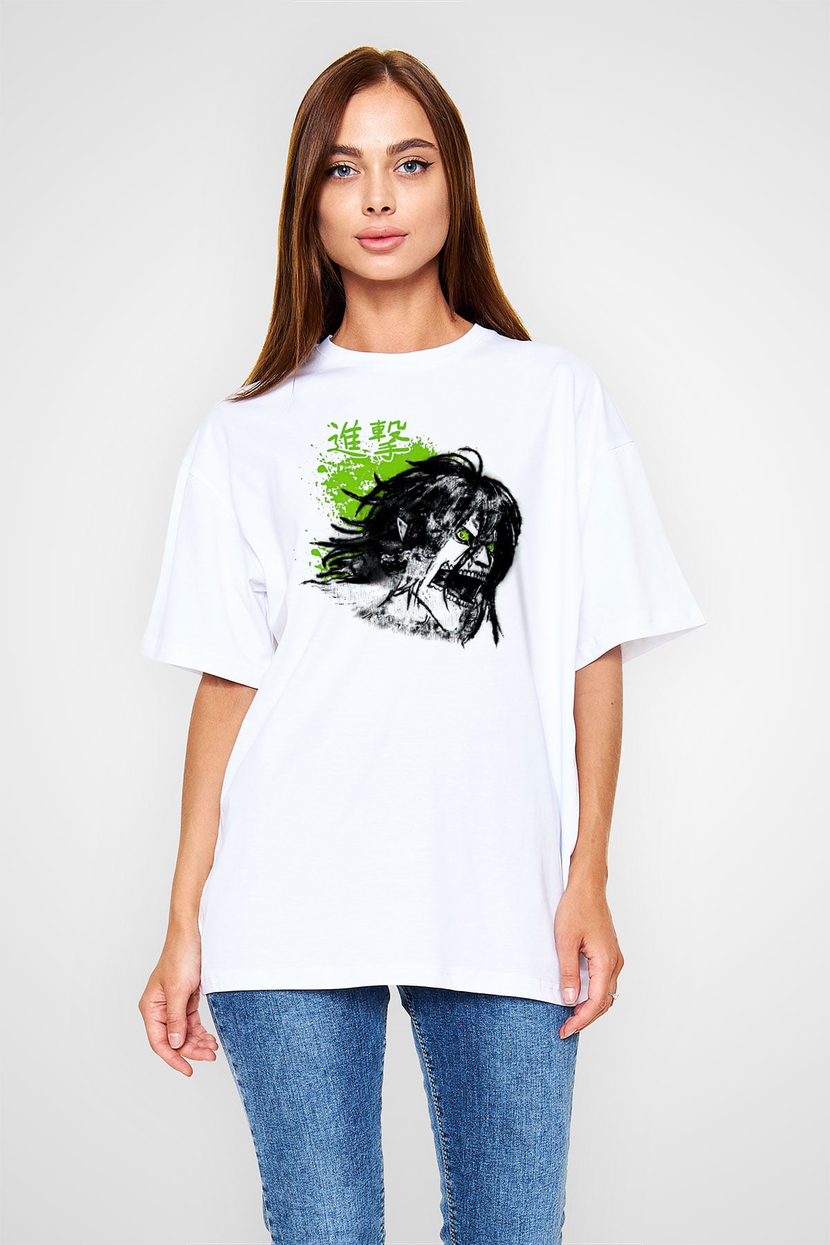 Attack On Titan Baskılı Beyaz Unisex Oversize Tişört - Tshirt