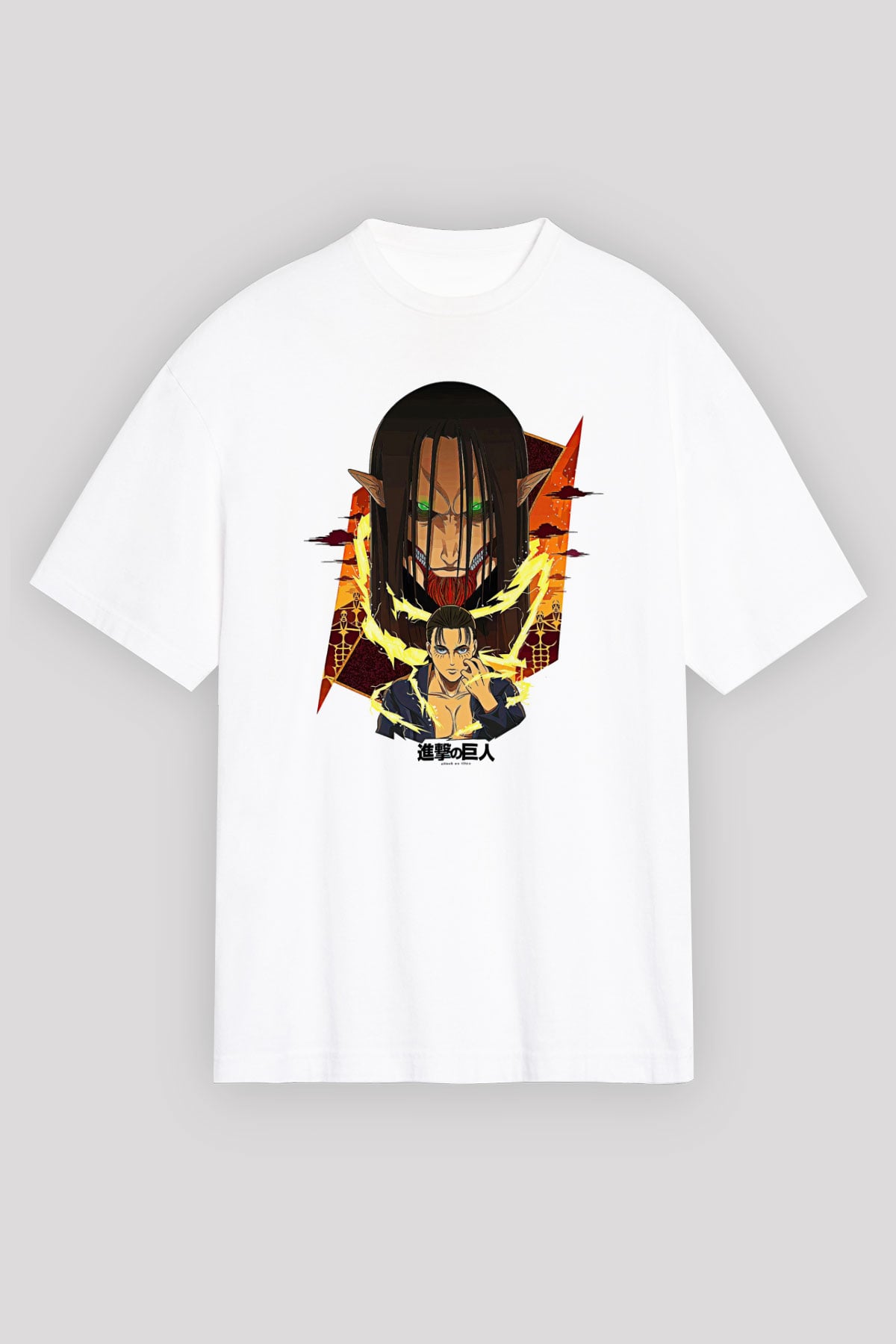 Attack On Titan Baskılı Beyaz Unisex Oversize Tişört - Tshirt
