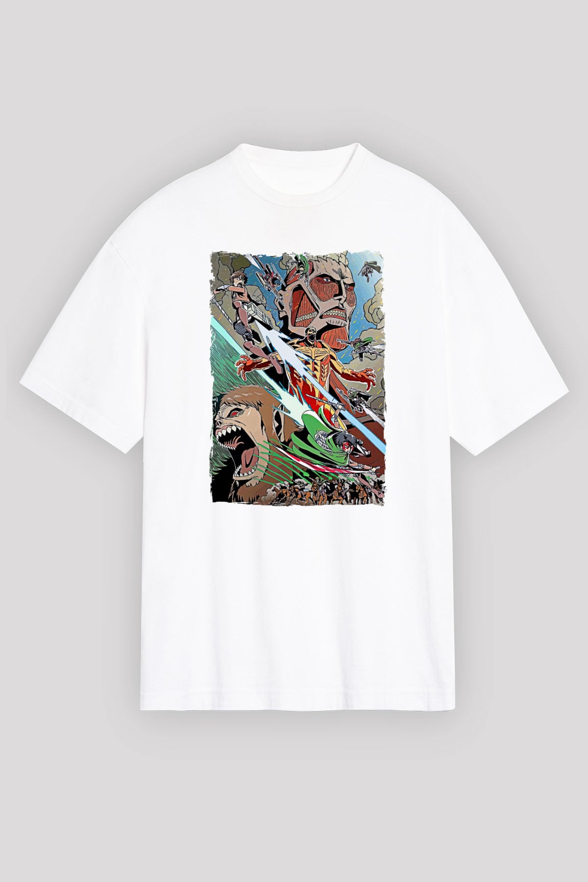 Attack On Titan Baskılı Beyaz Unisex Oversize Tişört - Tshirt