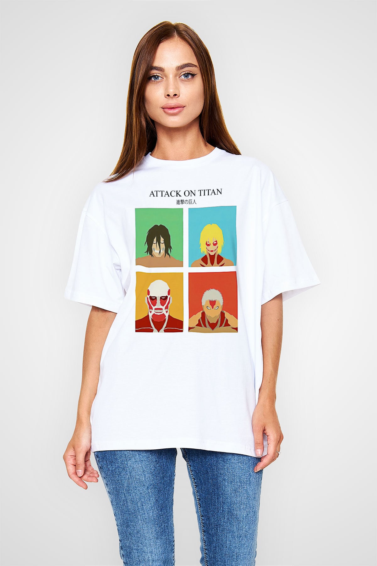 Attack On Titan Baskılı Beyaz Unisex Oversize Tişört - Tshirt