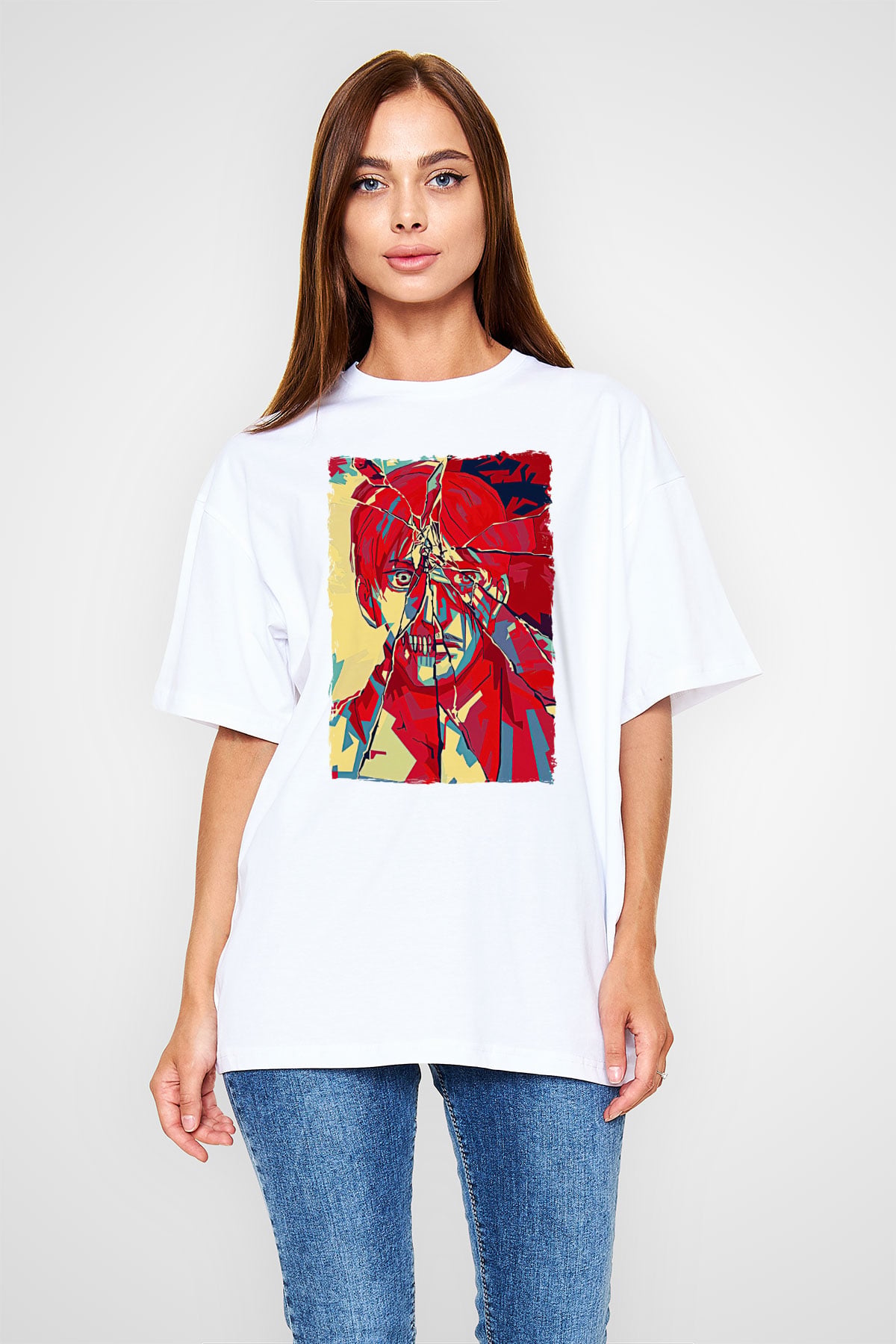 Attack On Titan Baskılı Beyaz Unisex Oversize Tişört - Tshirt
